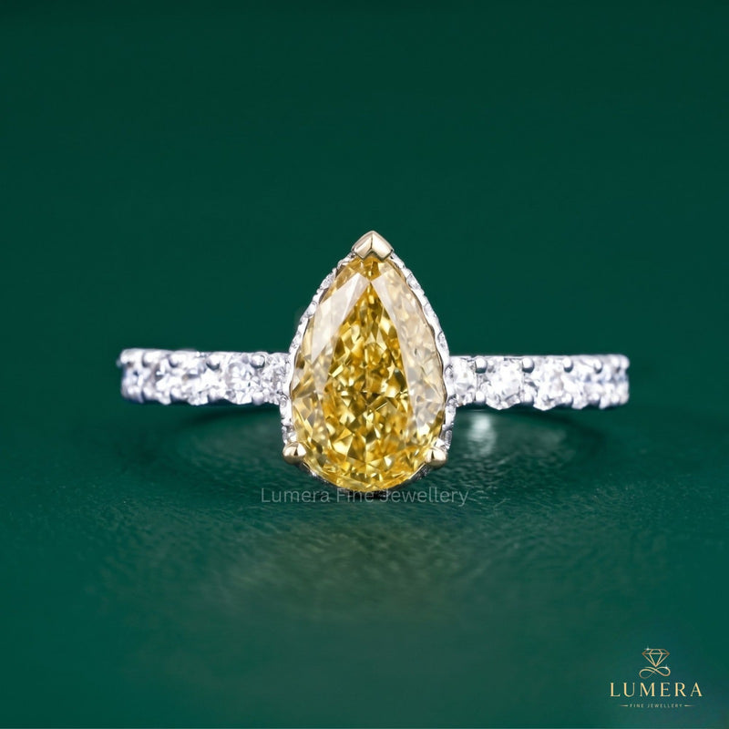 Hidden Halo Yellow Pear Diamond Engagement Ring In Pave Band Setting
