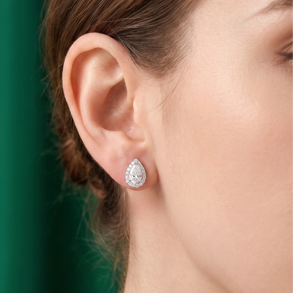 Pear Shape Diamond Earrings In Halo Seeting