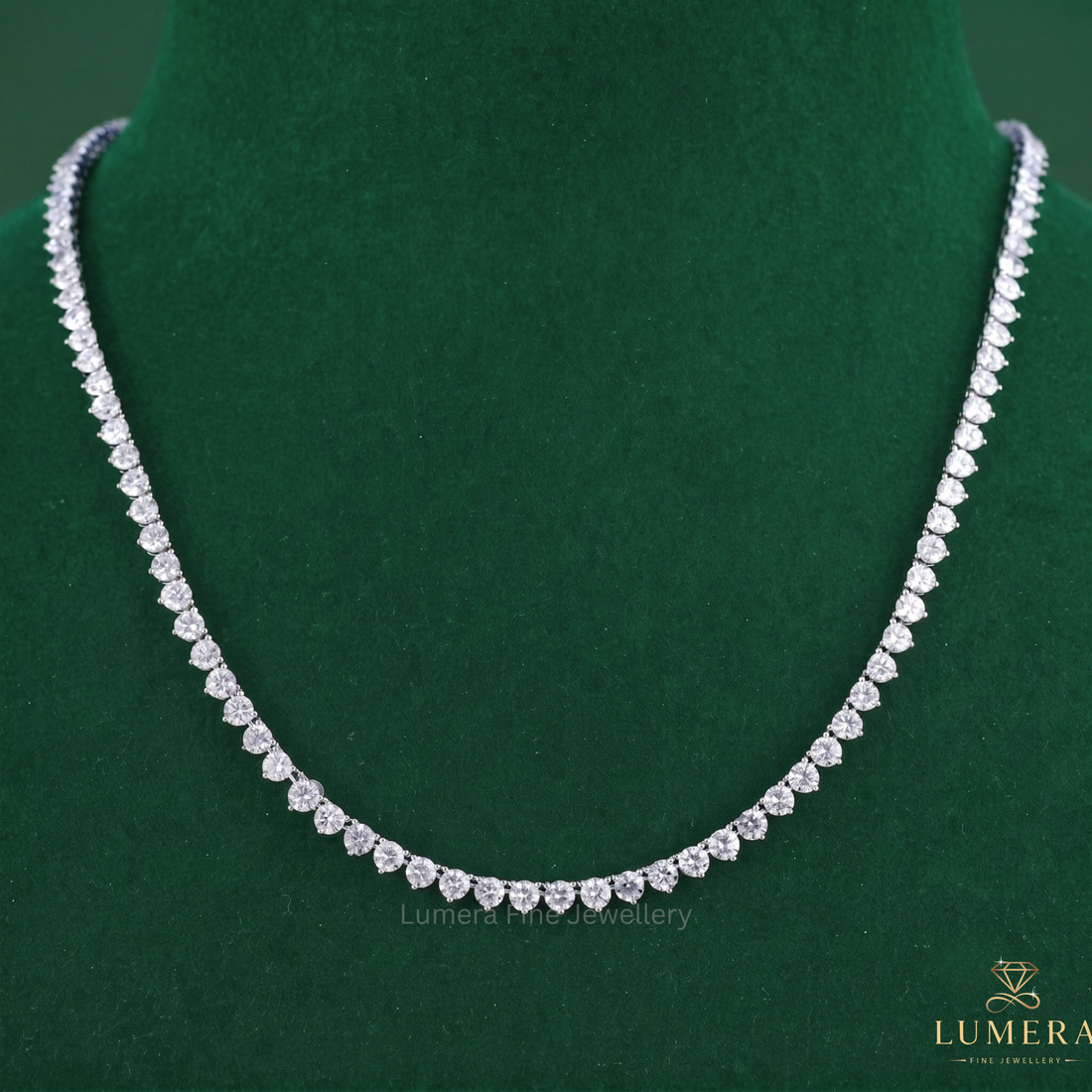 Diamond tennis necklace featuring a round cut diamond tennis necklace.