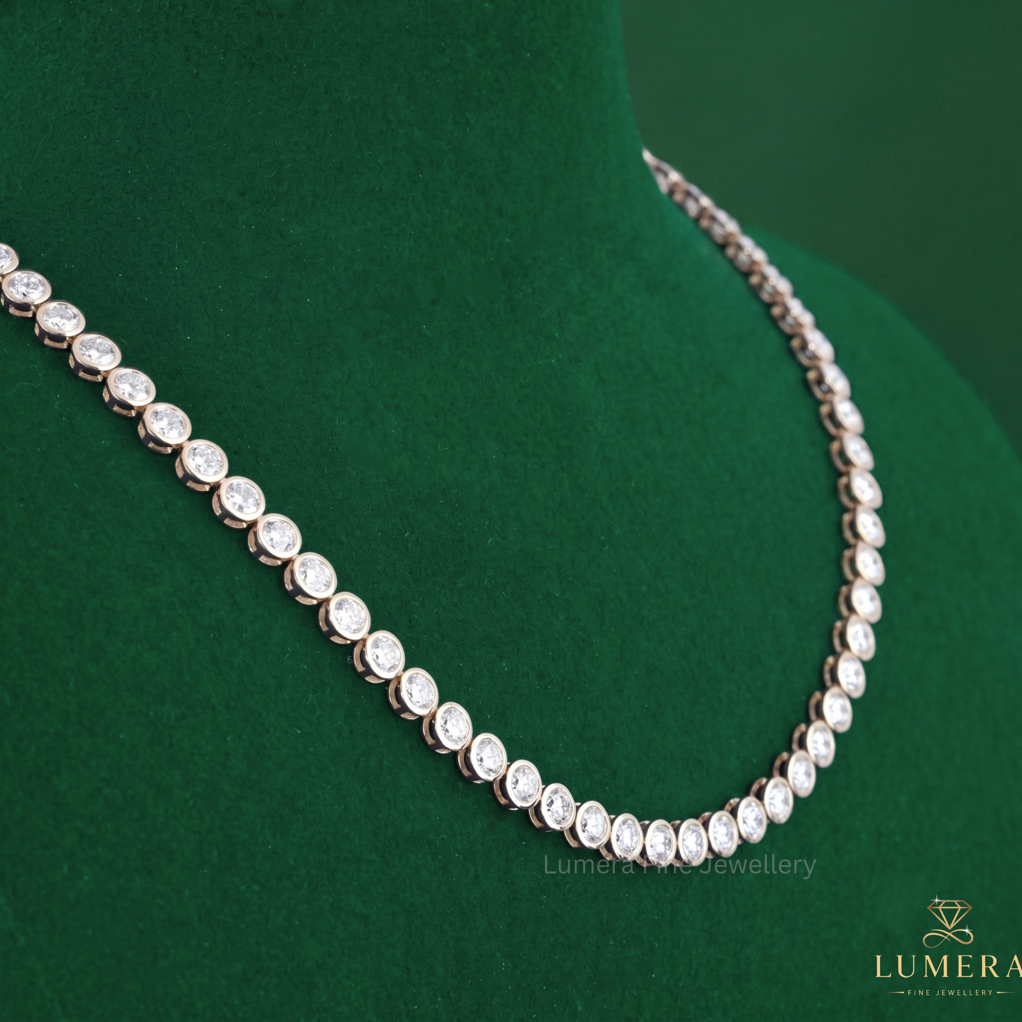 Bezel setting diamond necklace paired with a minimalist tennis necklace.