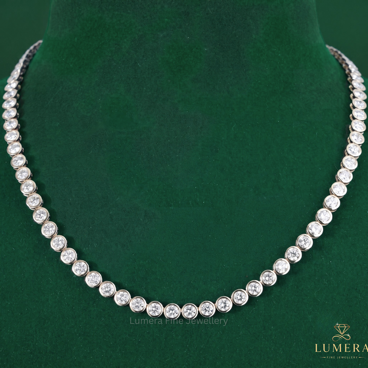 Round diamond necklace featuring casual luxury jewelry.