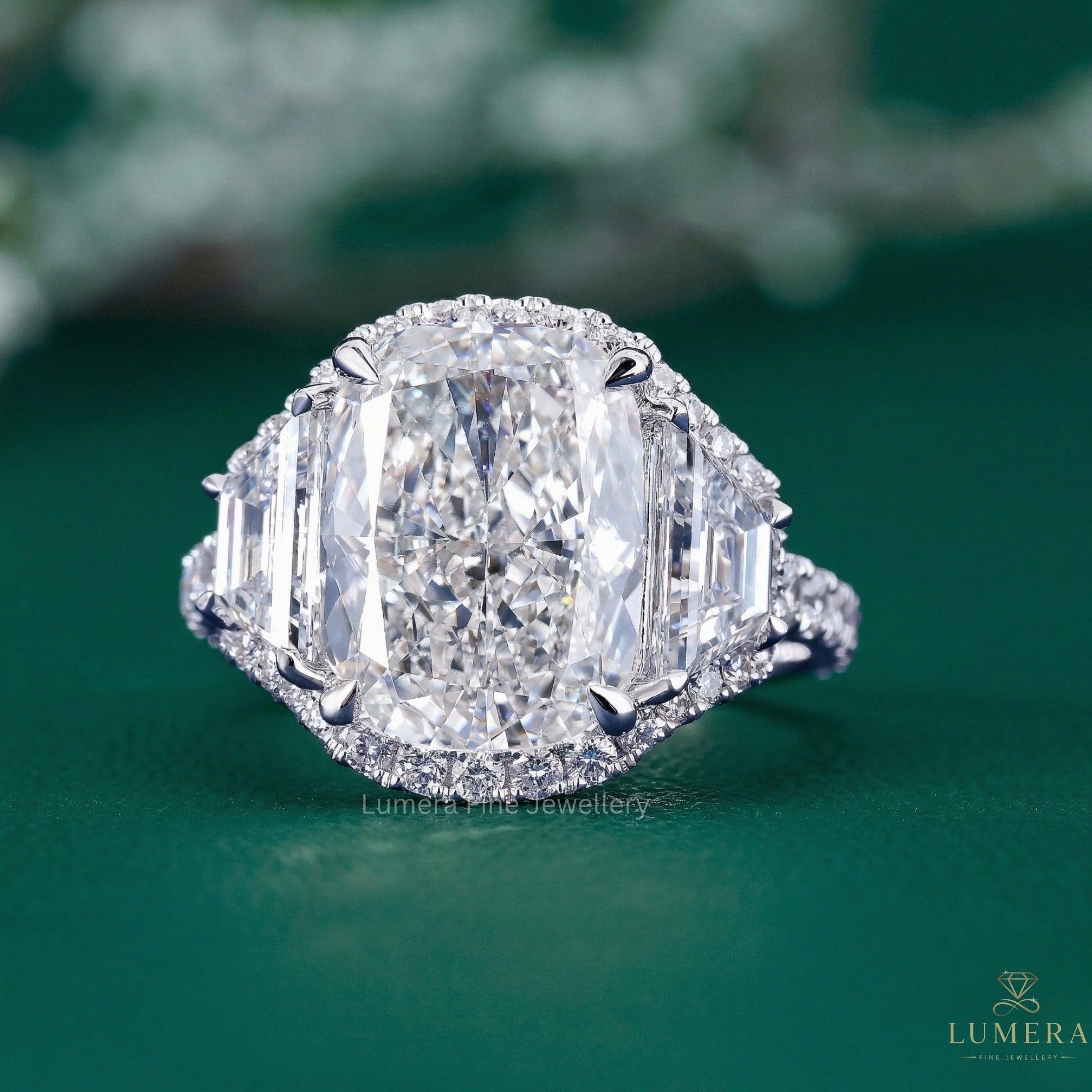 Cushion Cut Diamond Engagement Ring with trapezoid side stone.