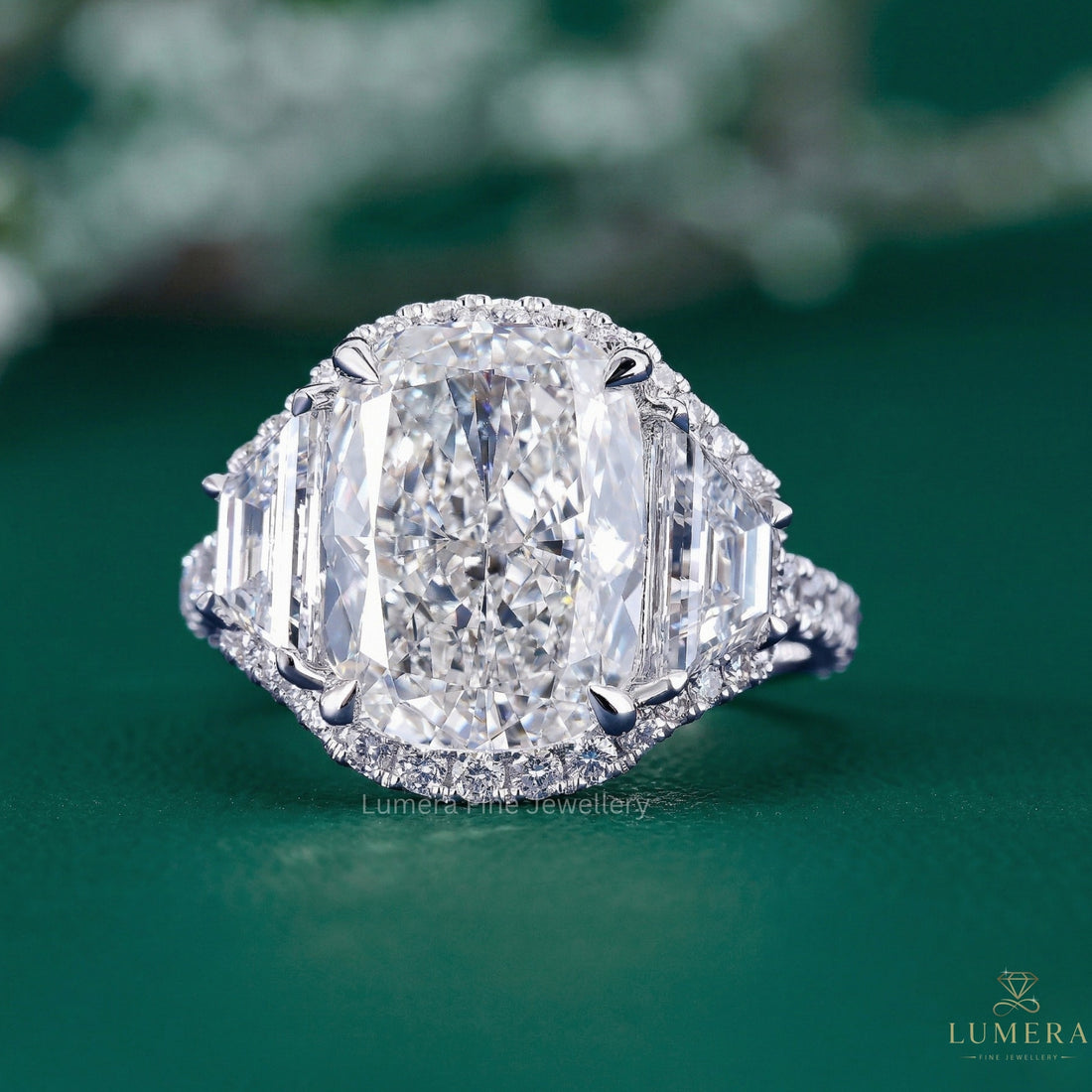 Cushion Cut Diamond Engagement Ring with trapezoid side stone.
