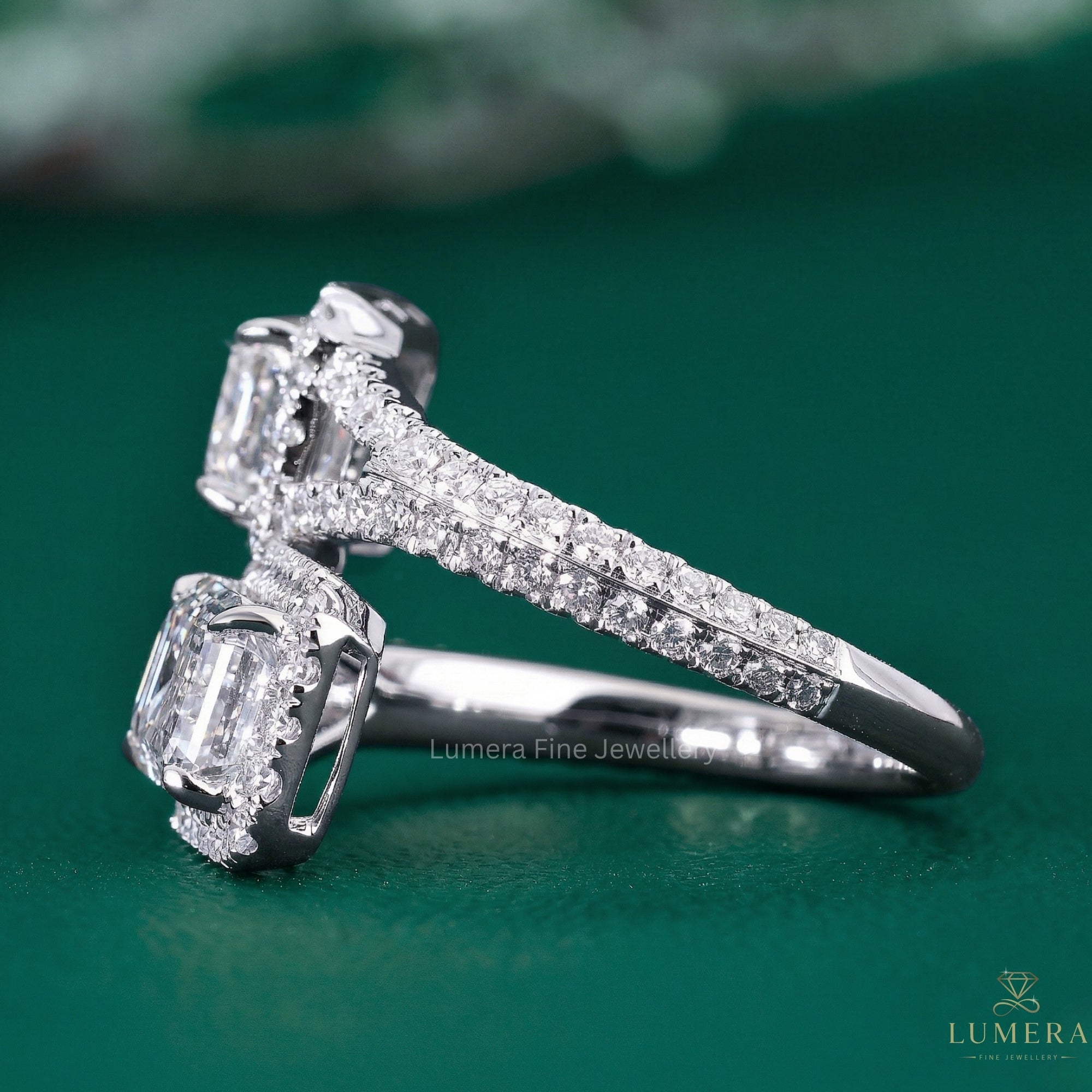 toi et moi engagement ring with emerald diamond engagement ring.