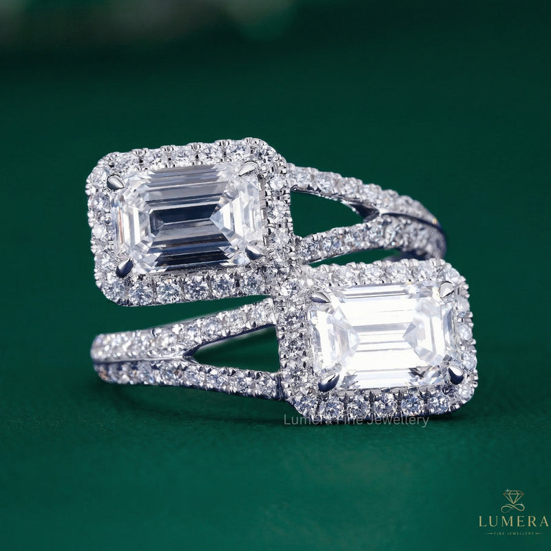 Emerald Cut Two Stone Engagement Ring In 2 Row Pave Setting