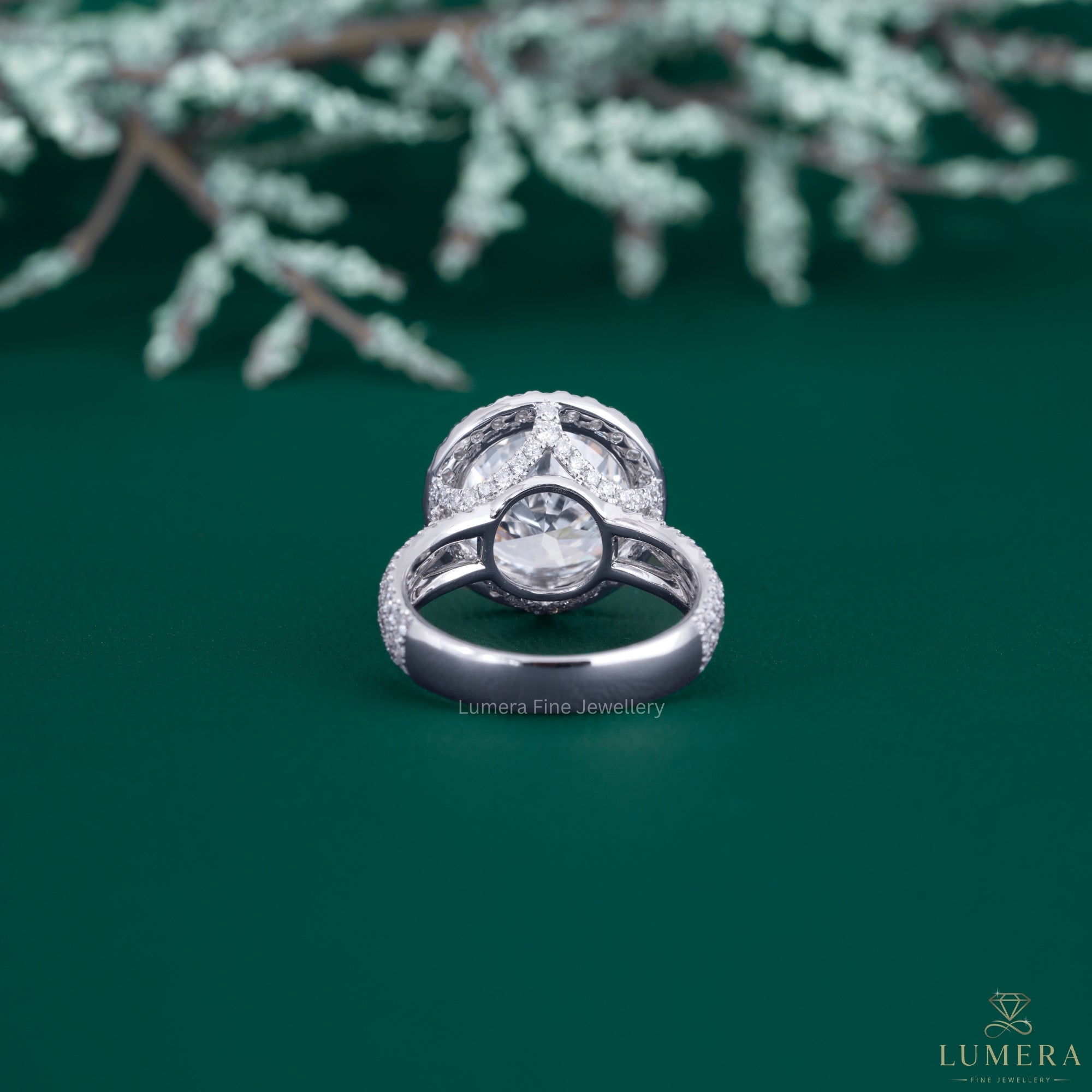 Multi row pave band with hidden side stone ring.