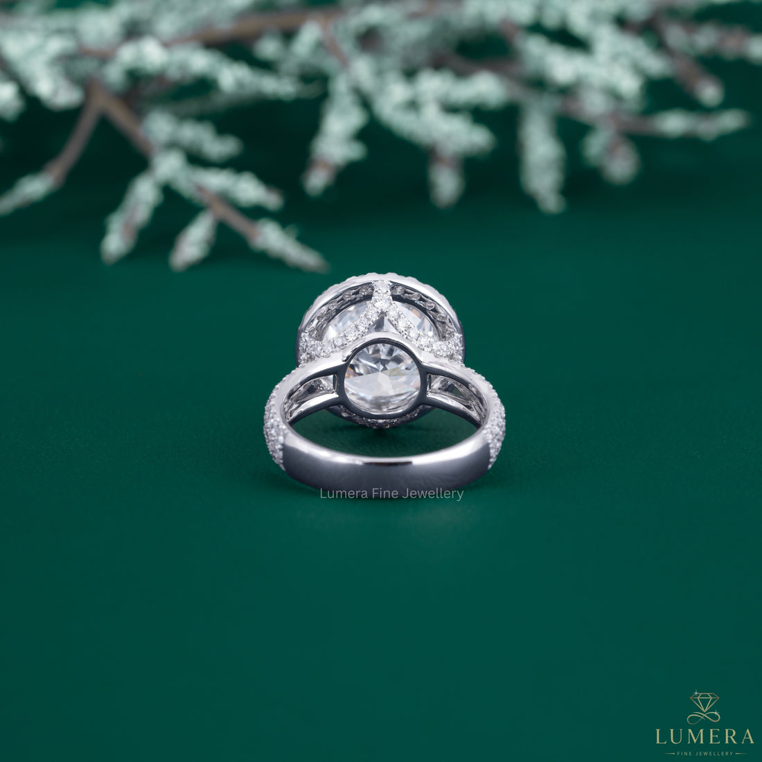 Multi row pave band with hidden side stone ring.