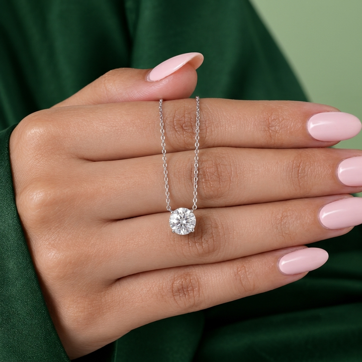 round cut diamond pendant with solitaire diamond necklace.
