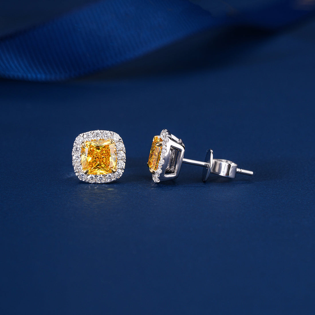 2.00 TCW Lab Grown Diamond Fancy Yellow Cushion Cut Halo Stud Earrings