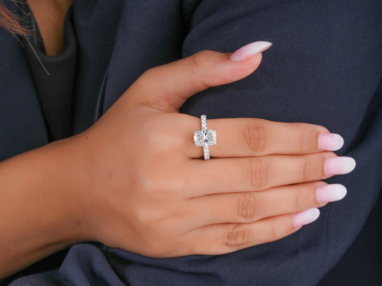 u prong pave band on solid gold engagement ring.

