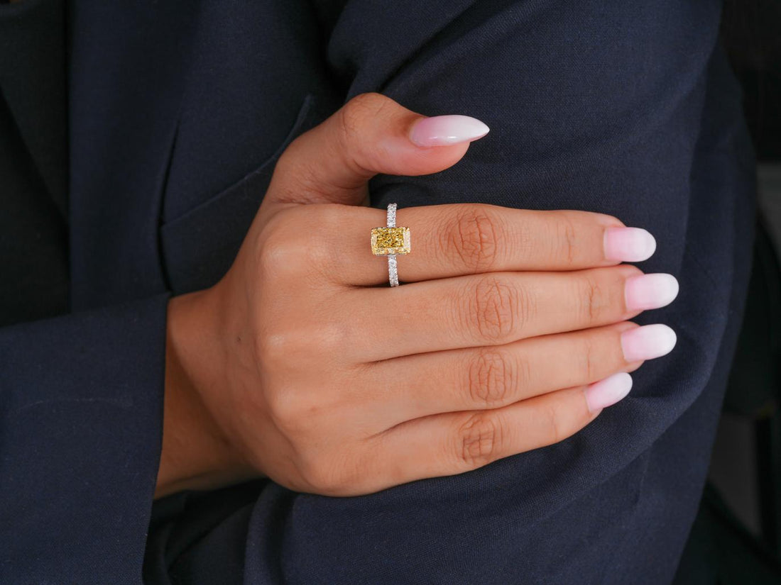 radiant yellow diamond ring with hidden halo diamond ring.
