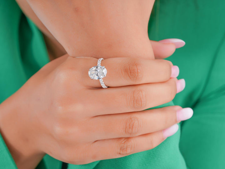hidden halo diamond ring with U prong pave set.

