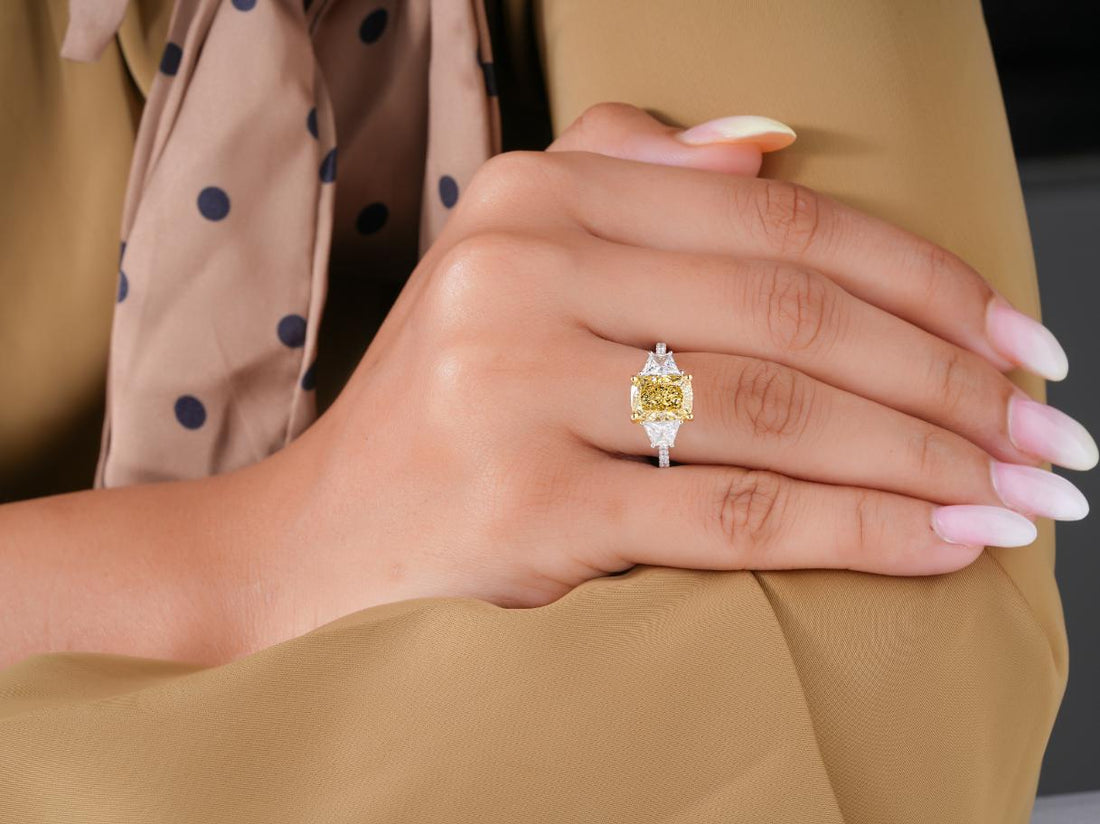 radiant diamond ring in radiant cut yellow diamond ring style.
