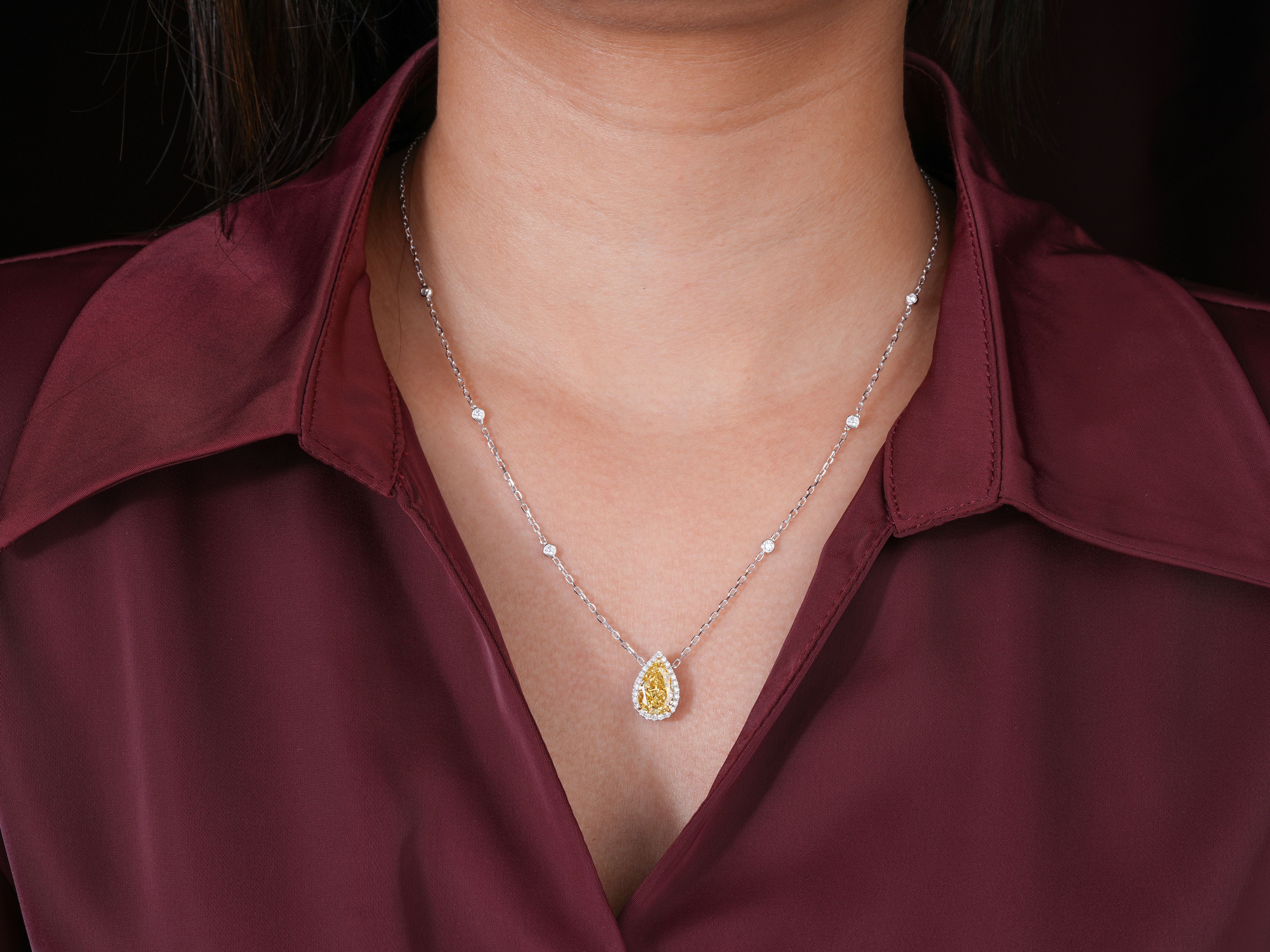 3.00 CT Pear Cut Fancy Yellow IGI Certified Necklace, Teardrop Halo Pendant