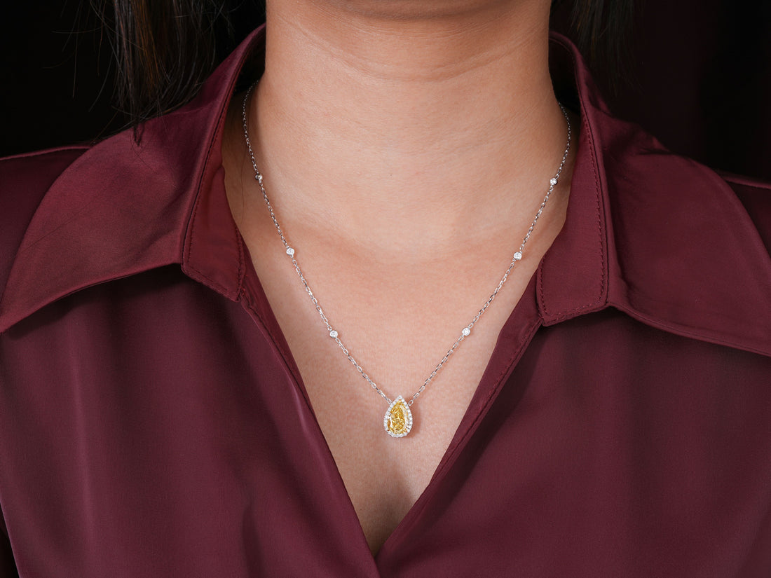 3.00 CT Pear Cut Fancy Yellow IGI Certified Necklace, Teardrop Halo Pendant