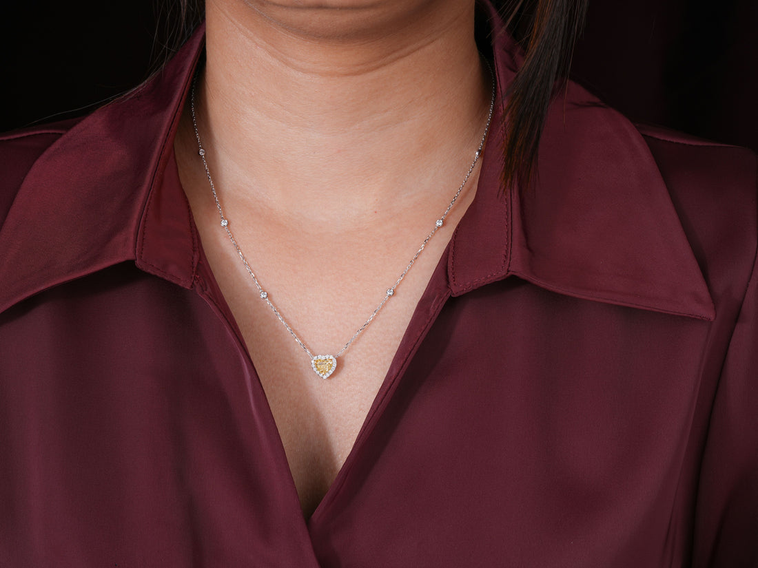3.40 CT Fancy Yellow Heart Cut Necklace, Halo Heart Pendant