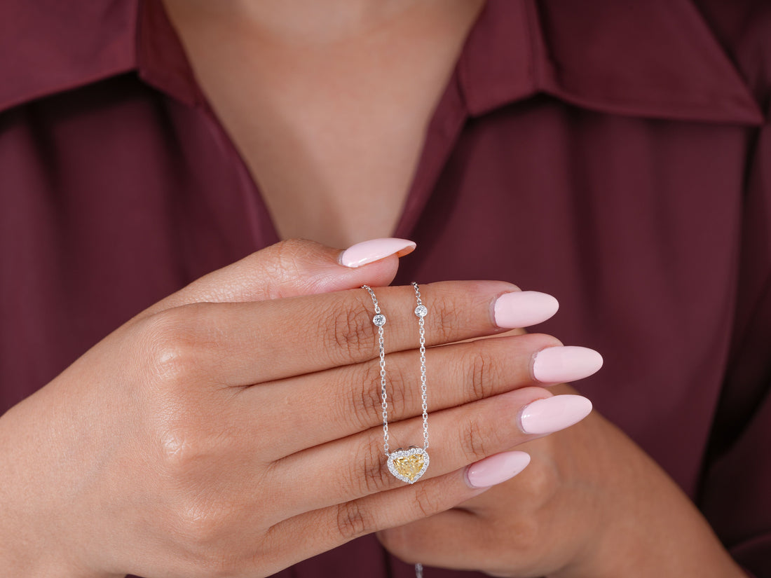 3.40 CT Fancy Yellow Heart Cut Necklace, Halo Heart Pendant