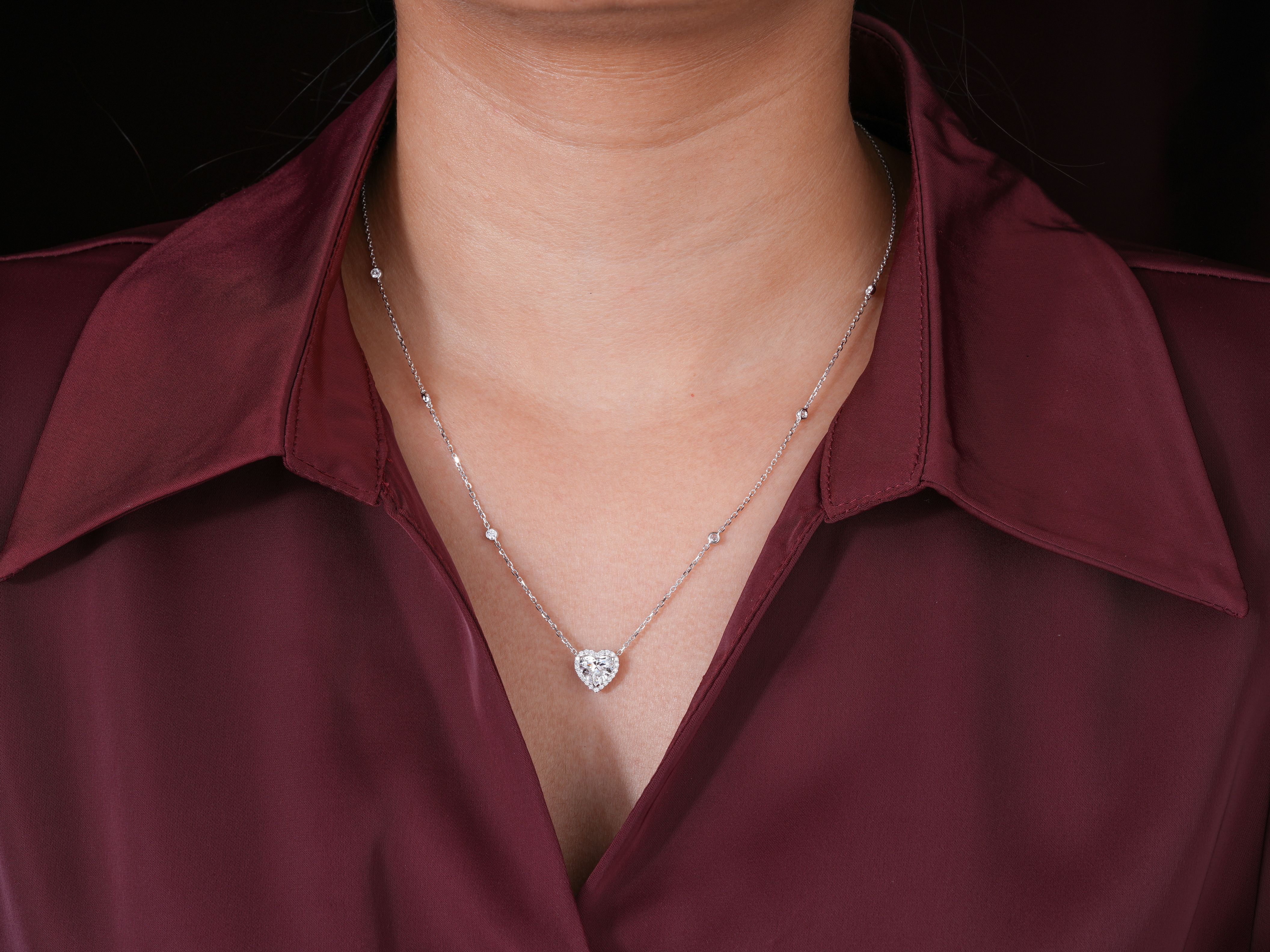 1.50 CT Heart Cut Lab Grown Halo Necklace, Bezel Set Station Chain Pendant