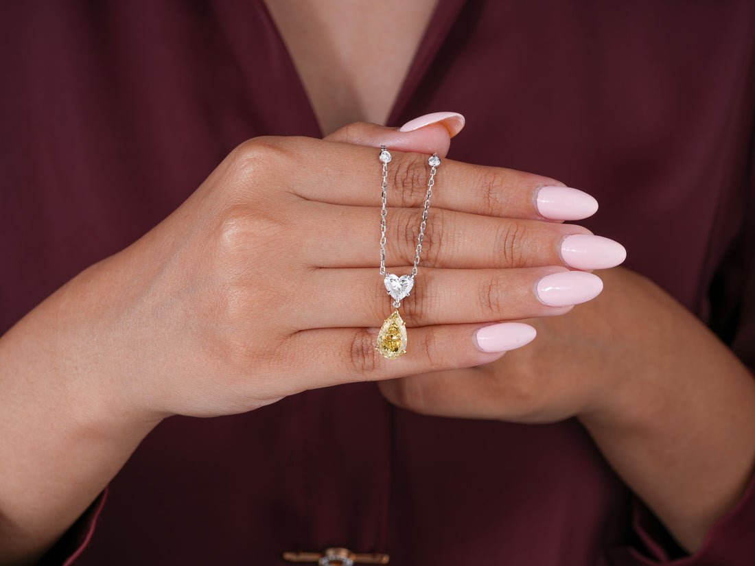 3.20 CT Fancy Yellow Pear Cut Lab Grown , Heart Diamond ,Halo Necklace
