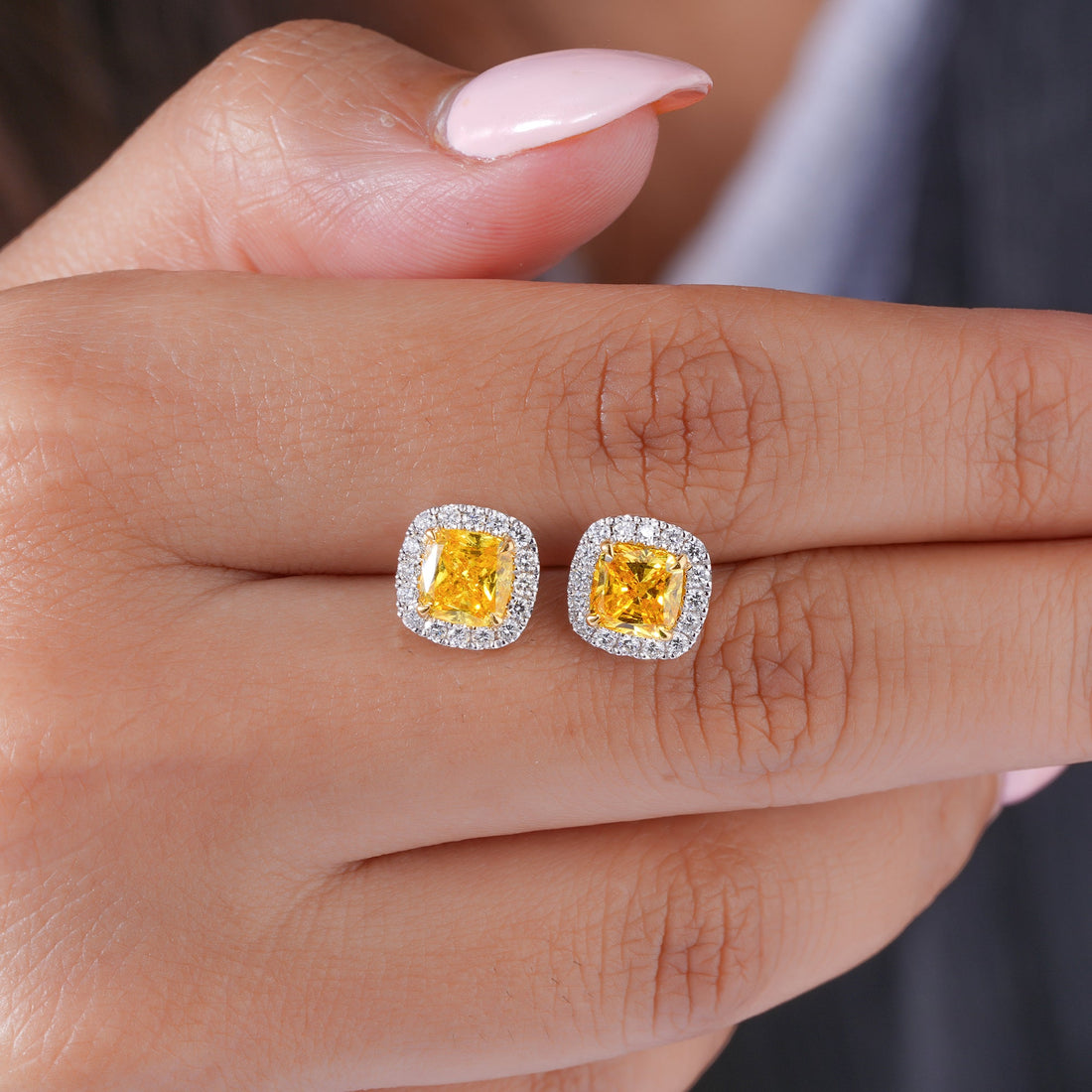 2.00 TCW Lab Grown Diamond Fancy Yellow Cushion Cut Halo Stud Earrings