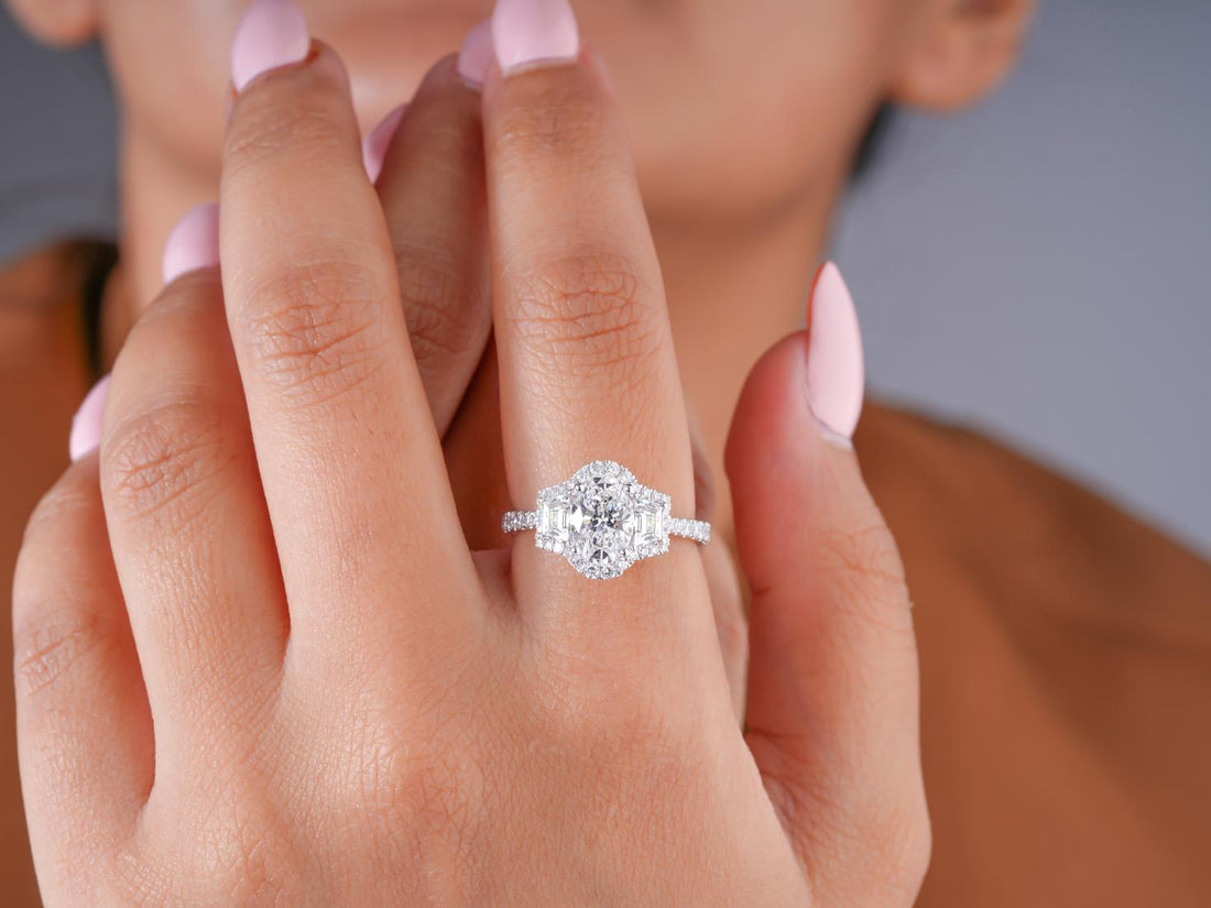 oval engagement ring in three stone diamond ring style.

