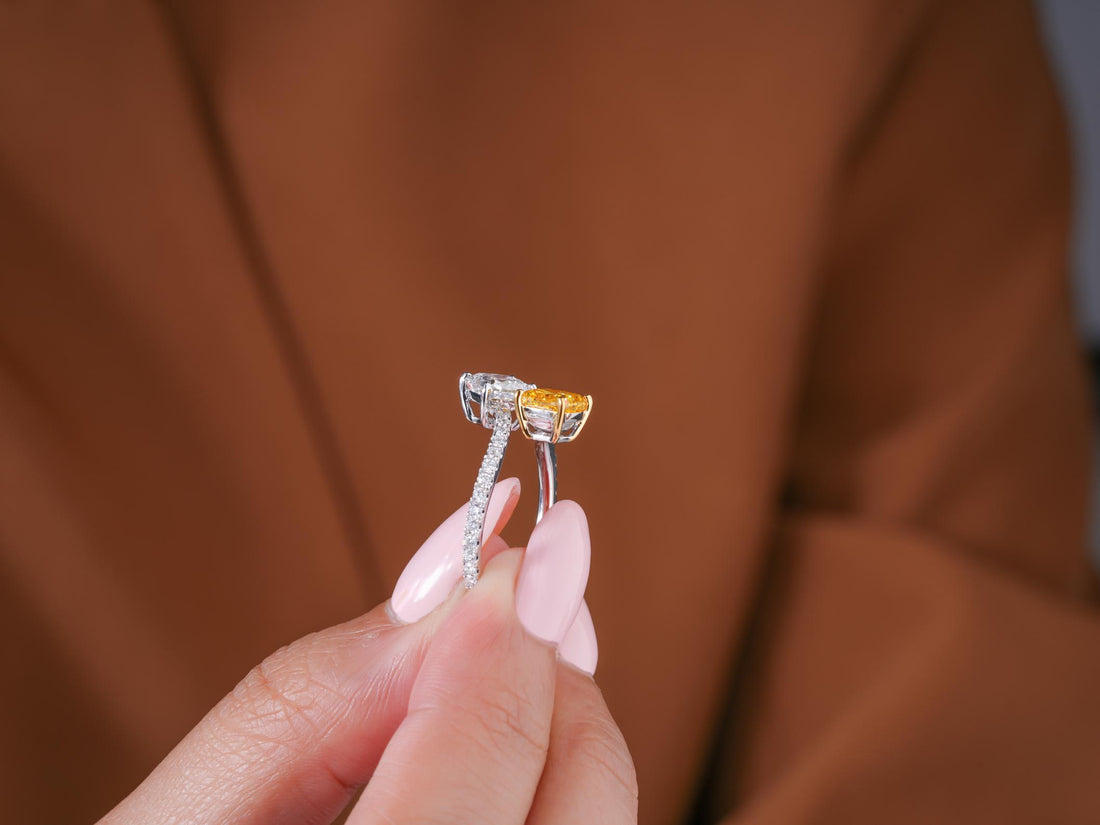 yellow cushion ring with colorful diamond ring.
