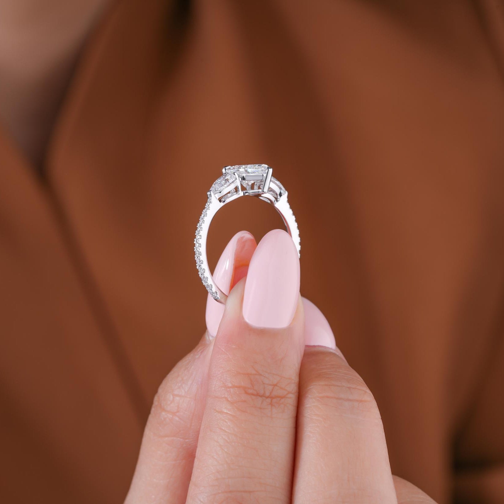 Pave diamond ring with V prong setting.
