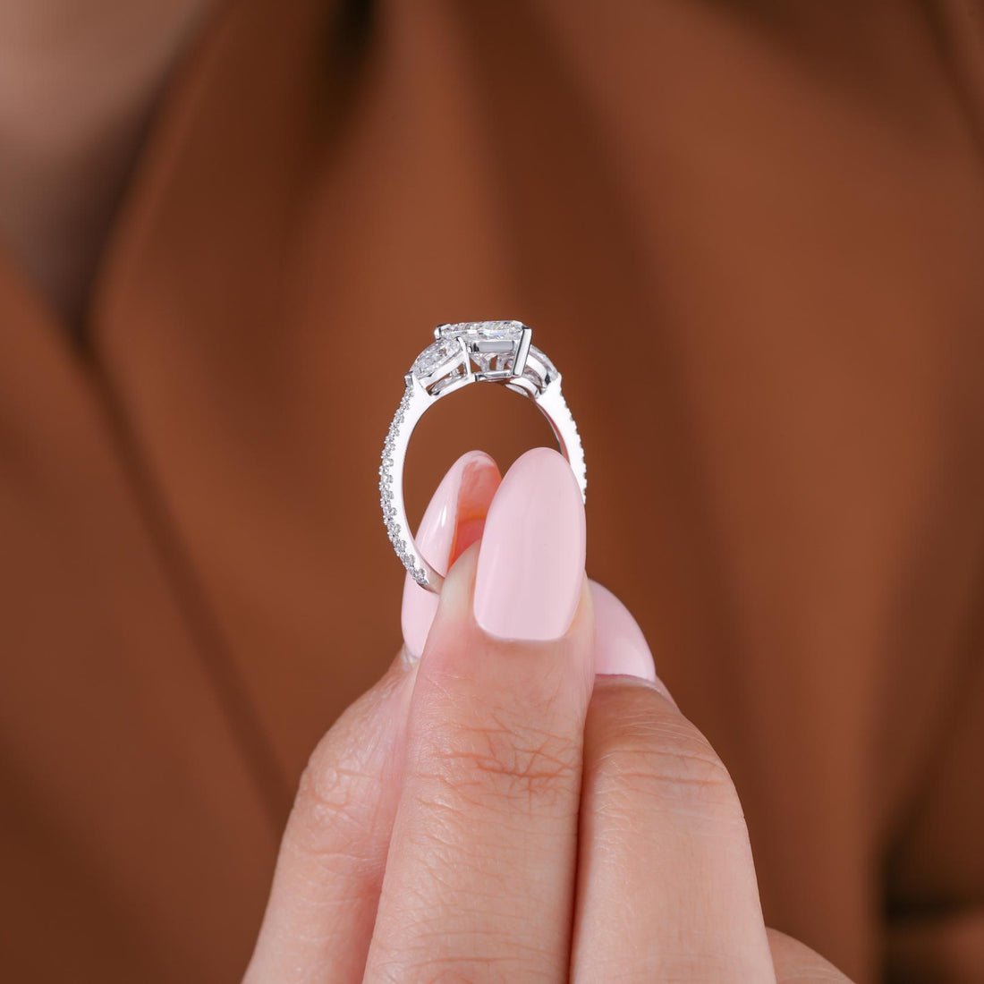 Pave diamond ring with V prong setting.
