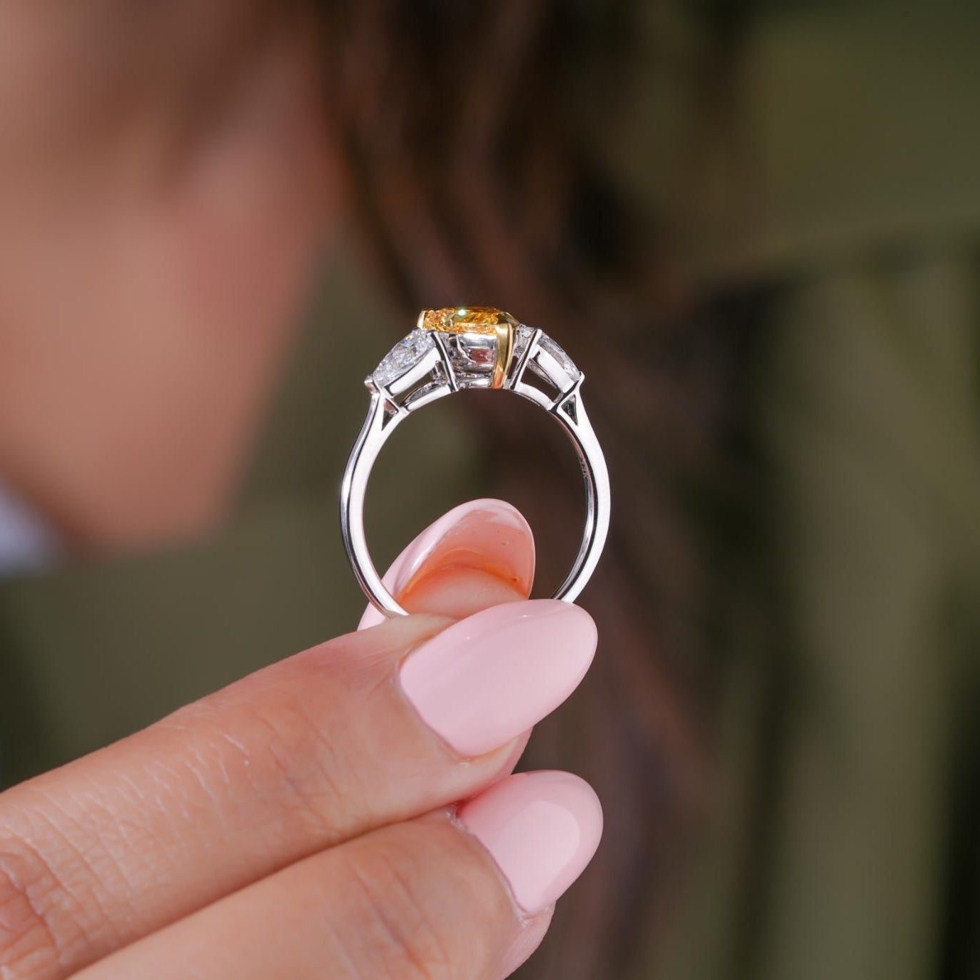 Cathedral setting ring with Yellow prong setting.
