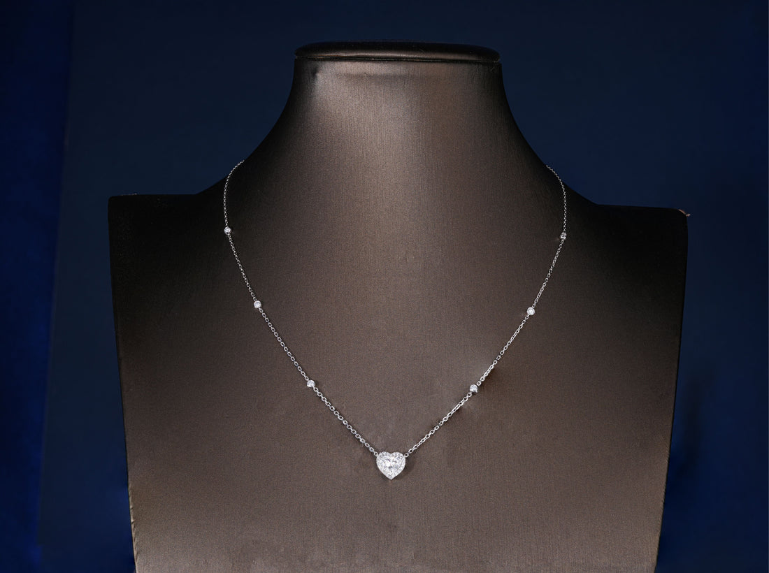 1.50 CT Heart Cut Lab Grown Halo Necklace, Bezel Set Station Chain Pendant