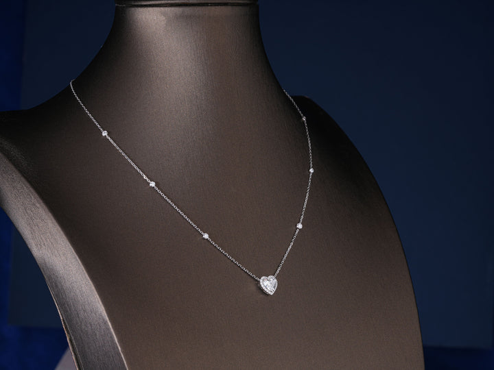 1.10 CT Heart Cut Lab Grown Diamond Necklace, Round Accent Stone Dainty Necklace