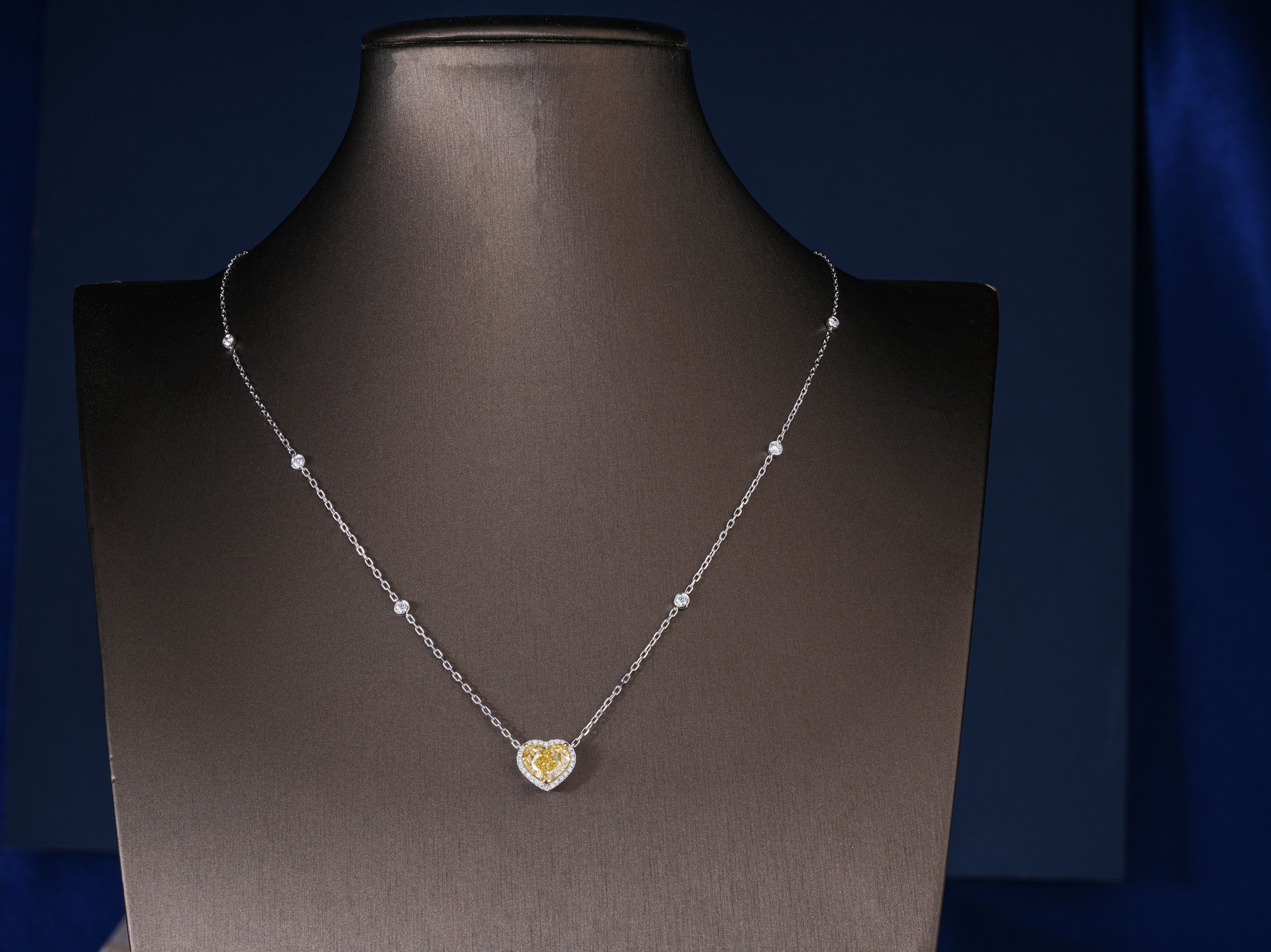 3.40 CT Fancy Yellow Heart Cut Necklace, Halo Heart Pendant
