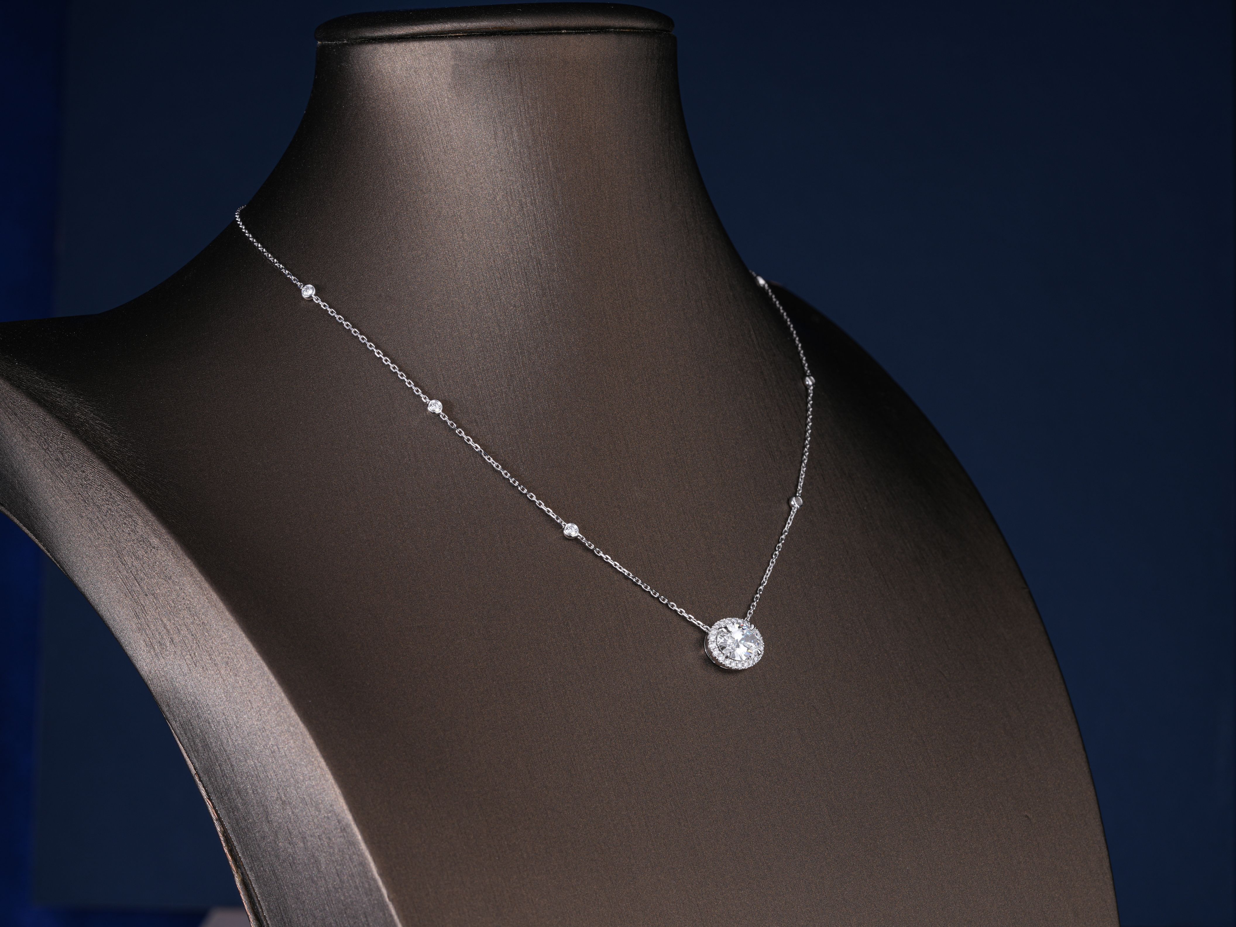 2.00 CT Oval Cut Lab Grown Halo Necklace, Bezel Set Station Chain Pendant