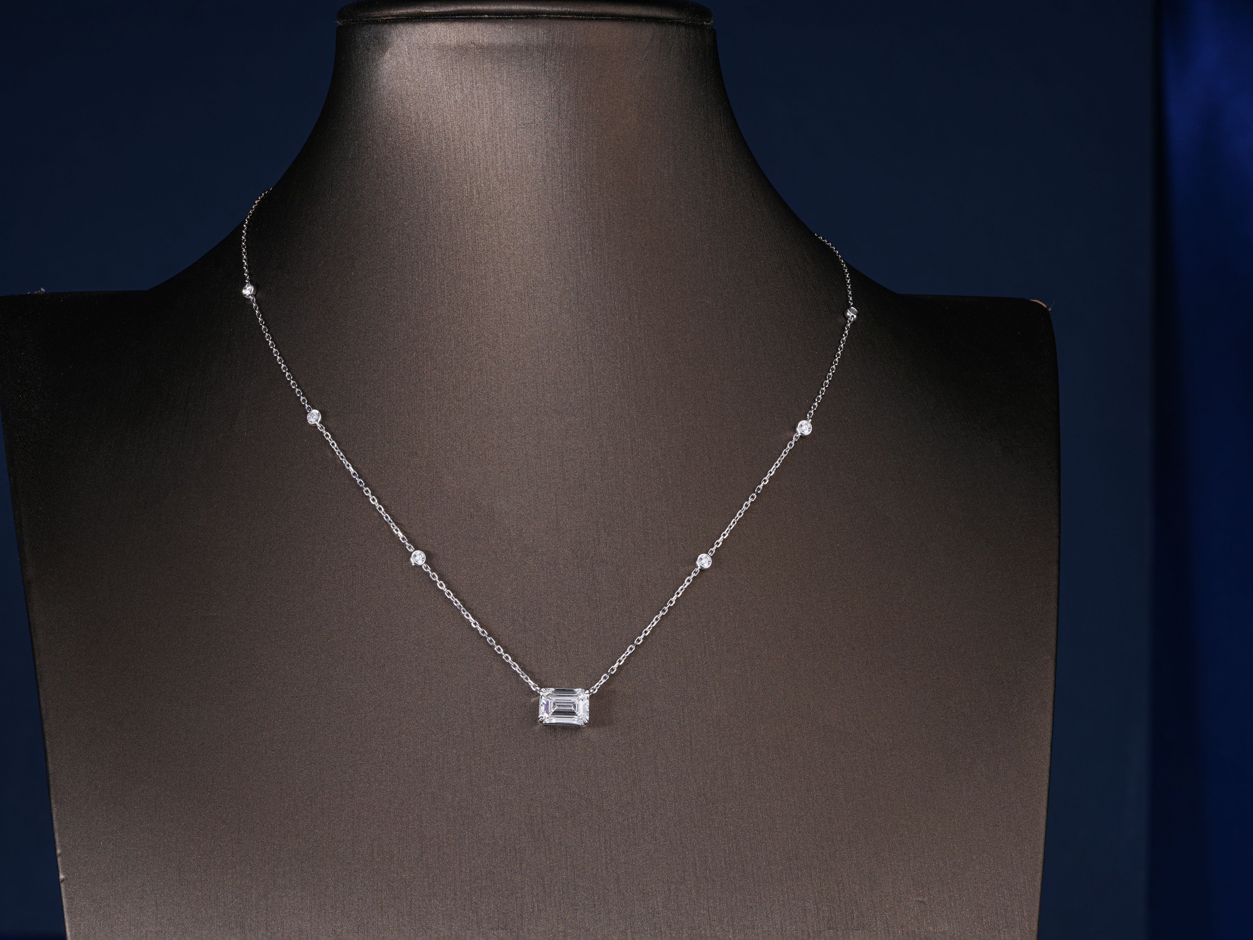 2.1 Ct Emerald Cut Lab Diamond, Halo Round Accent Stone Necklace