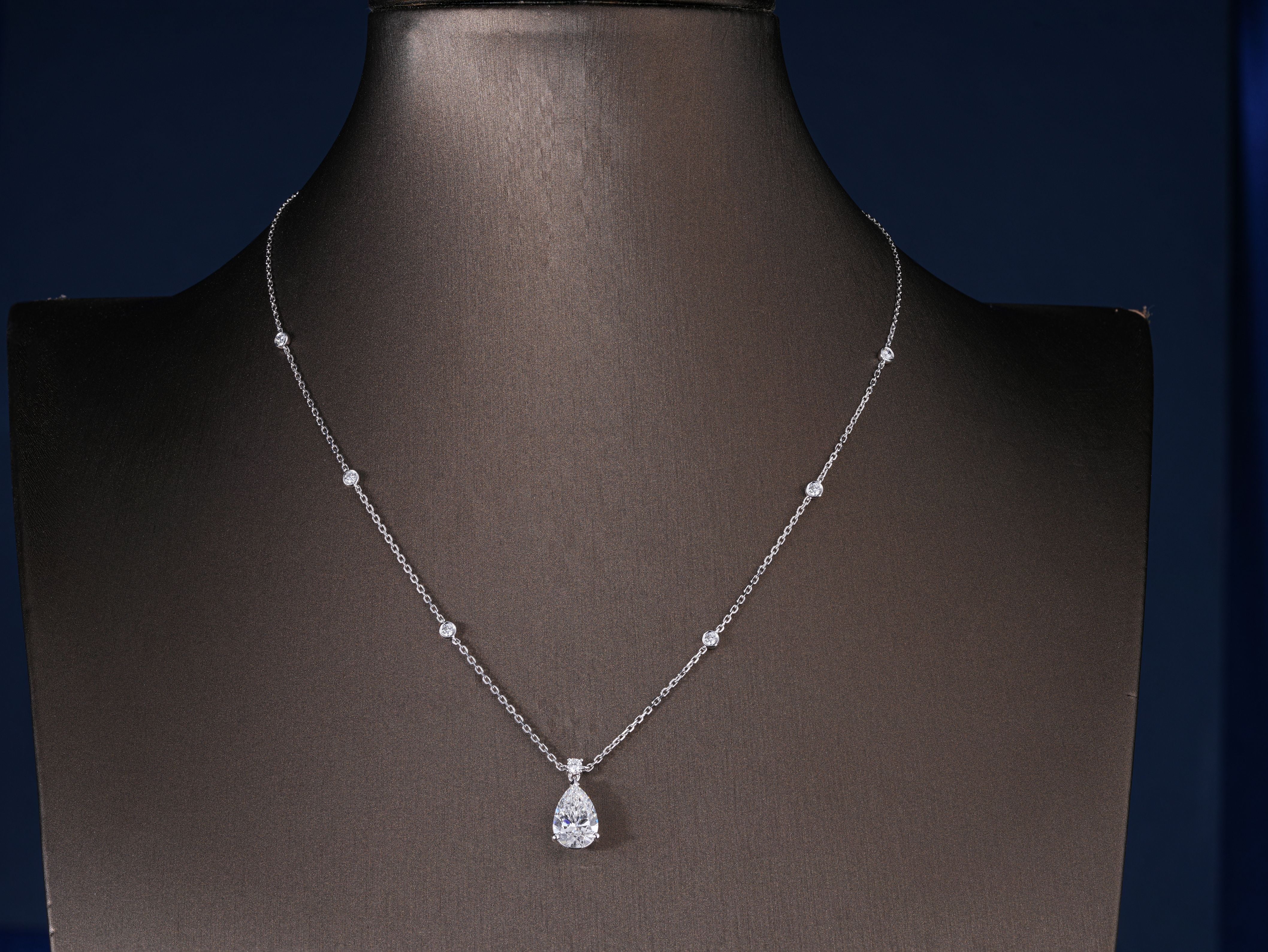 2.05 CT Teardrop Lab Grown Halo Necklace, Brilliant Pear Cut Pendant