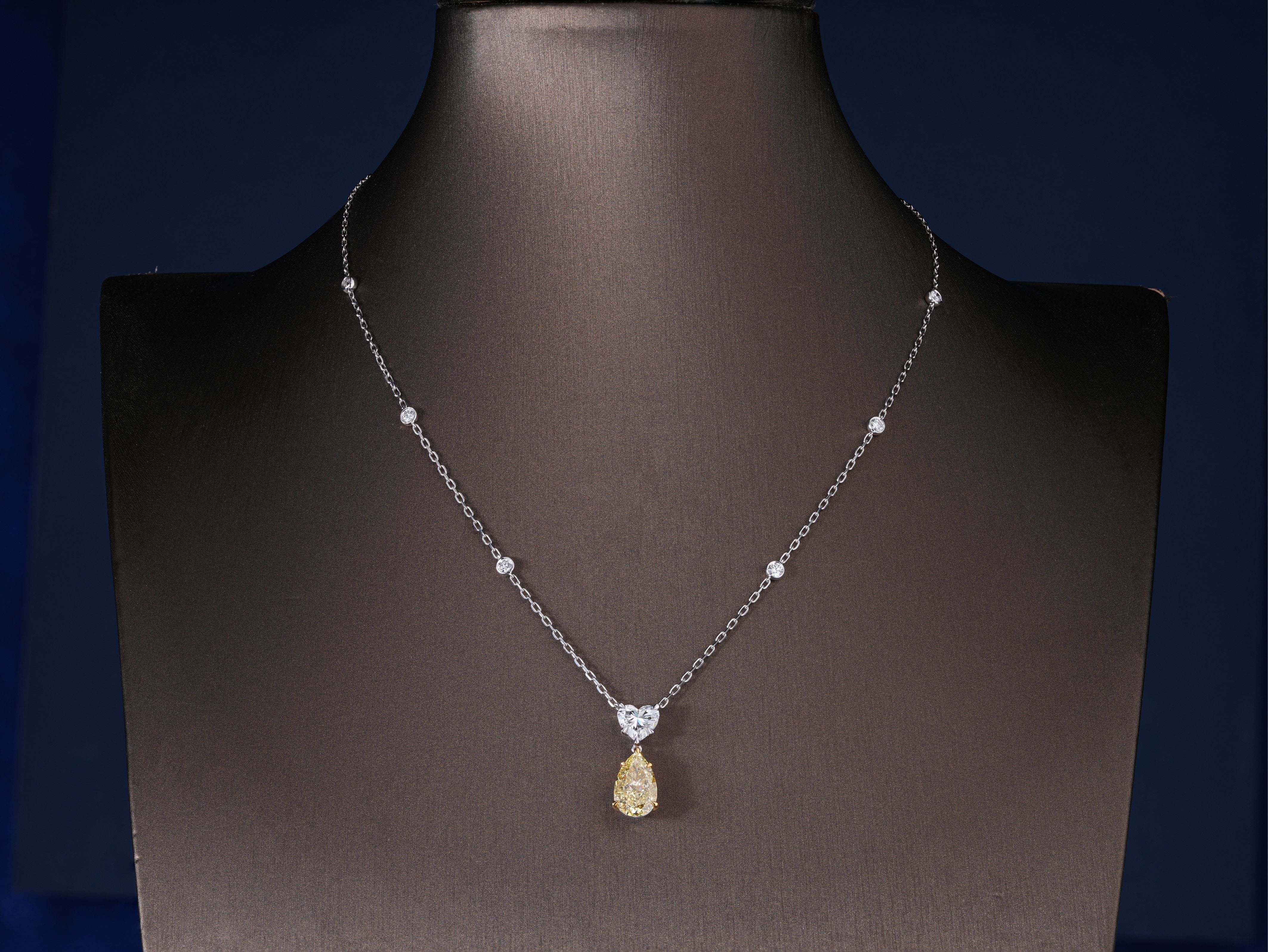3.20 CT Fancy Yellow Pear Cut Lab Grown , Heart Diamond ,Halo Necklace