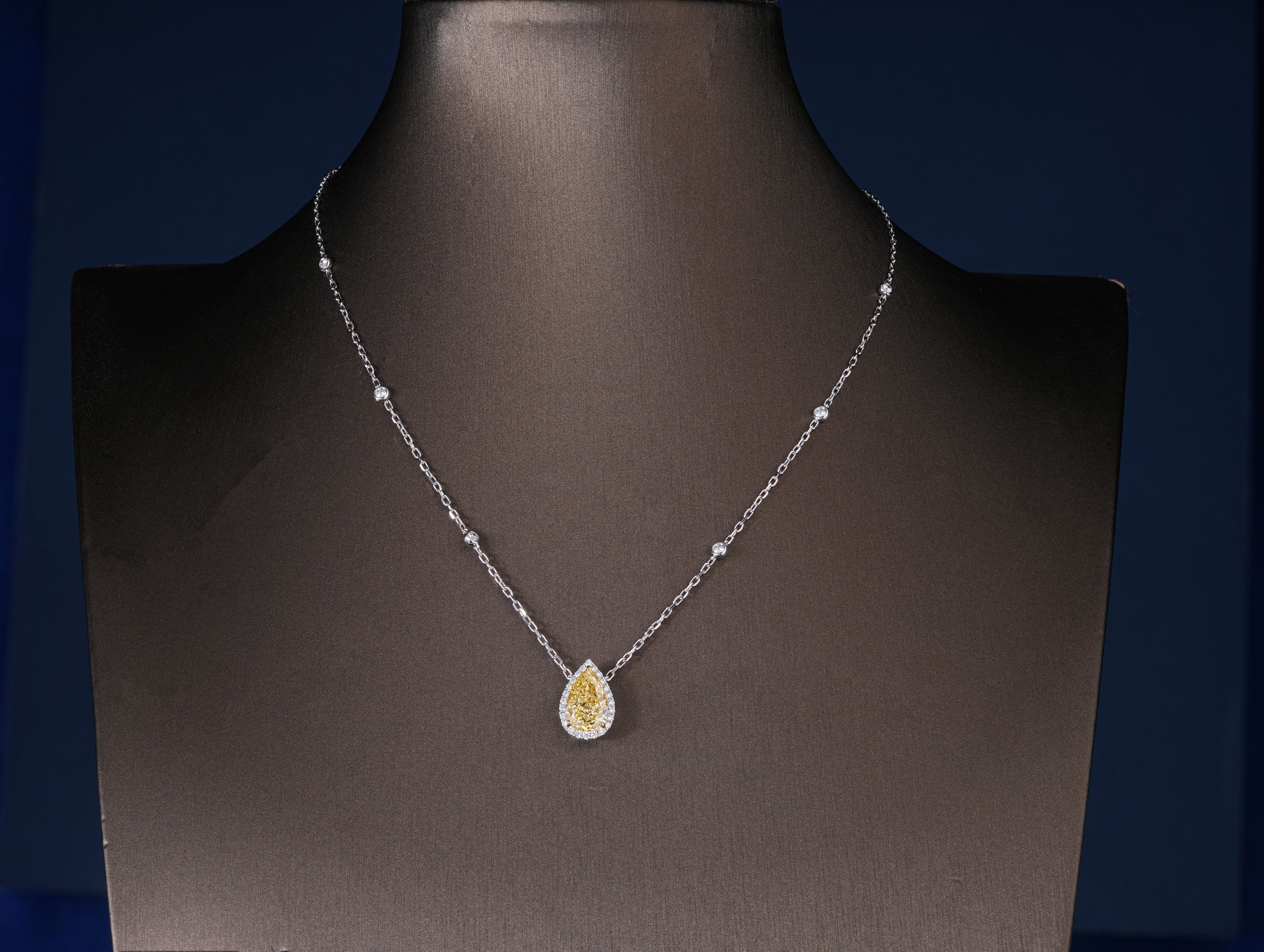 3.00 CT Pear Cut Fancy Yellow IGI Certified Necklace, Teardrop Halo Pendant
