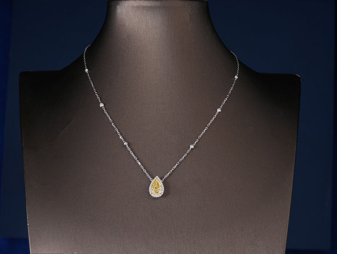 3.00 CT Pear Cut Fancy Yellow IGI Certified Necklace, Teardrop Halo Pendant