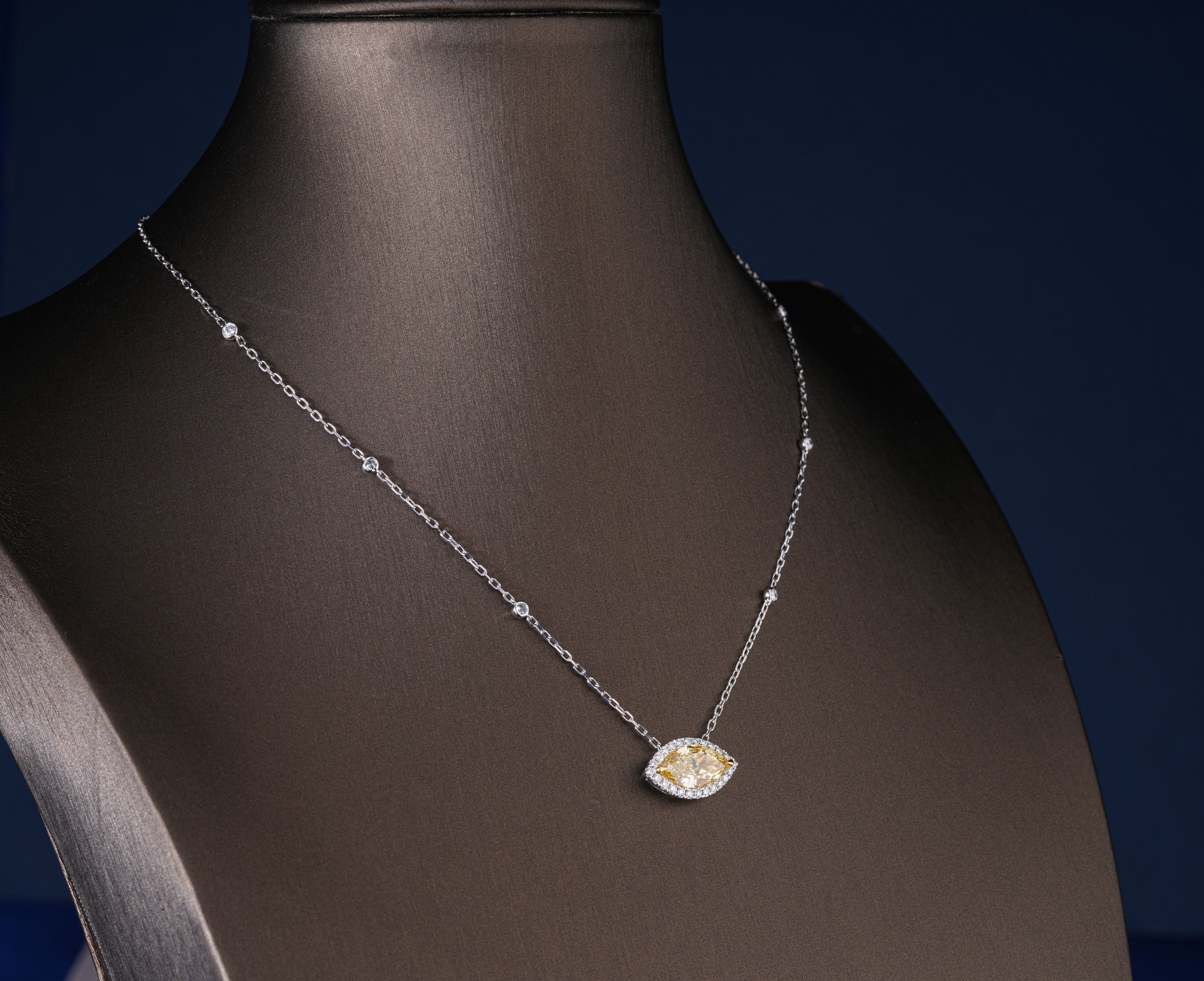 3.00 CT Marquise Cut Lab Grown Halo Necklace, Fancy Yellow East-West Pendant