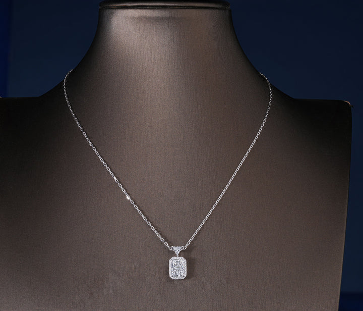 Step-Cut Rectangular Lab Diamond Style Halo Necklace, Sophisticated 2 Carat Emerald Pendant, Minimalist Bridal Jewelry