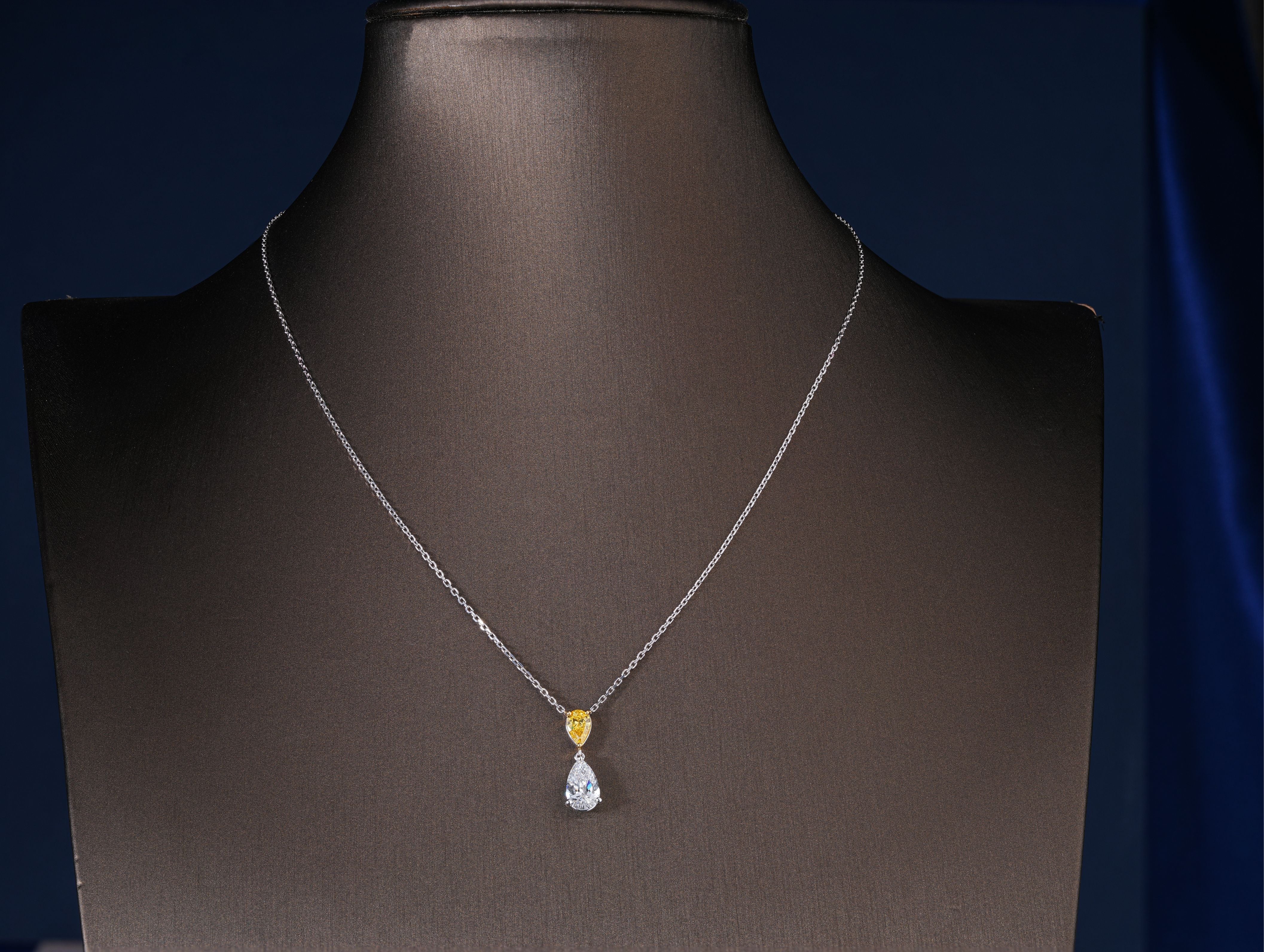 1.1 TCW Pear Cut IGI Certified Two-Tone Canary Yellow & White Teardrop Pendant