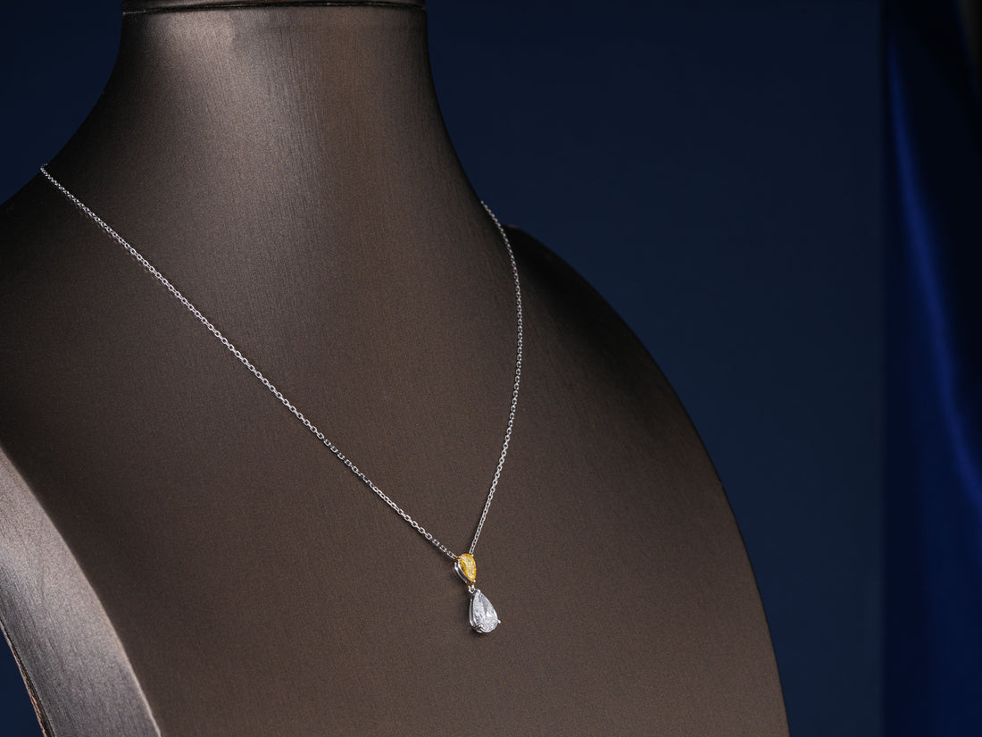 1.1 TCW Pear Cut IGI Certified Two-Tone Canary Yellow & White Teardrop Pendant