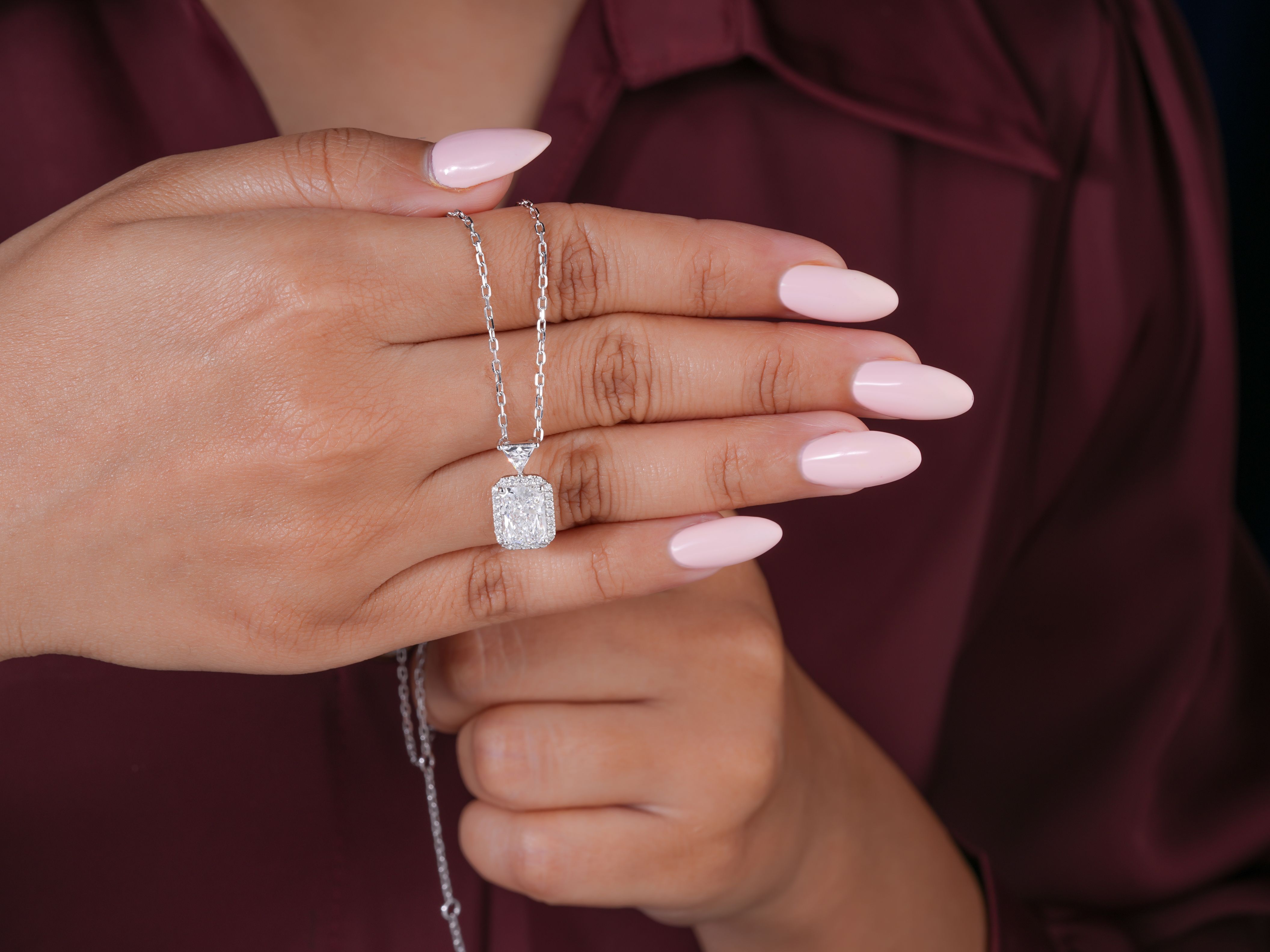 Step-Cut Rectangular Lab Diamond Style Halo Necklace, Sophisticated 2 Carat Emerald Pendant, Minimalist Bridal Jewelry