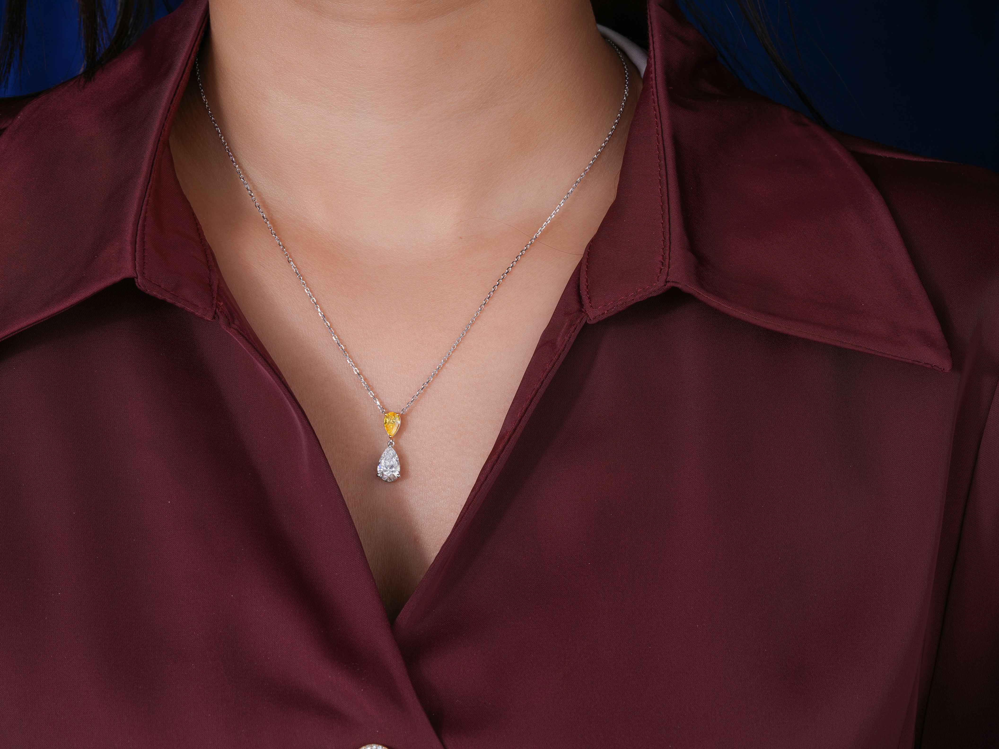 1.1 TCW Pear Cut IGI Certified Two-Tone Canary Yellow & White Teardrop Pendant