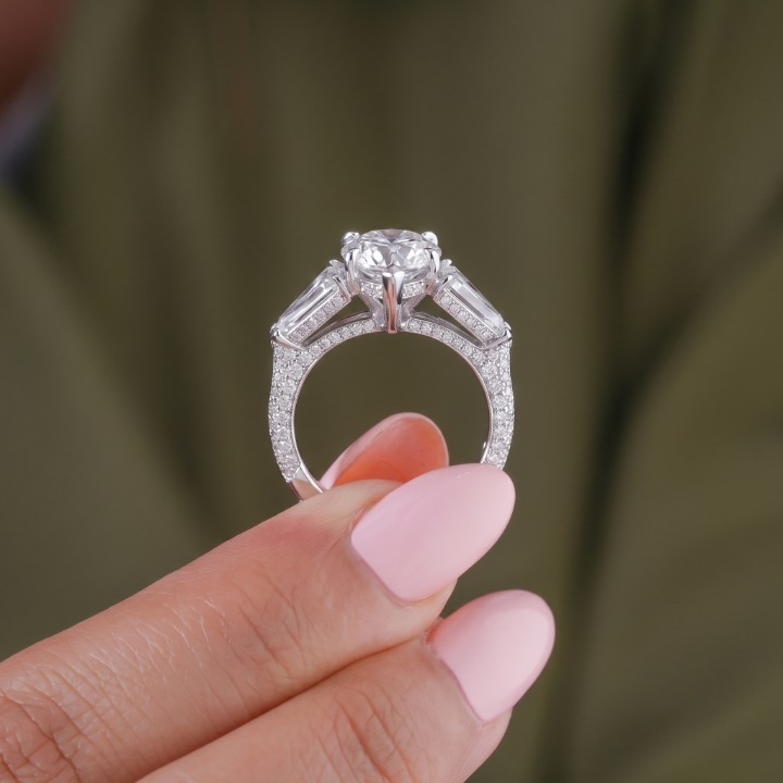 multi row pave band ring with bridge accent ring.
