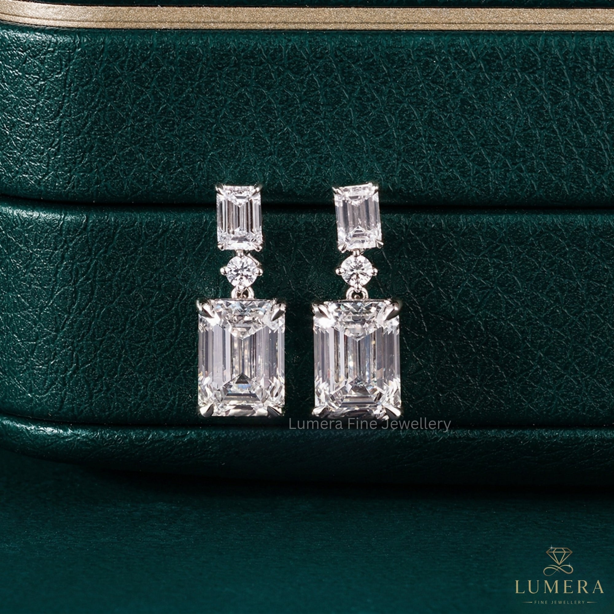 7.50 TCW Emerald and Round Cut Lab Grown Diamond Dangle Earrings