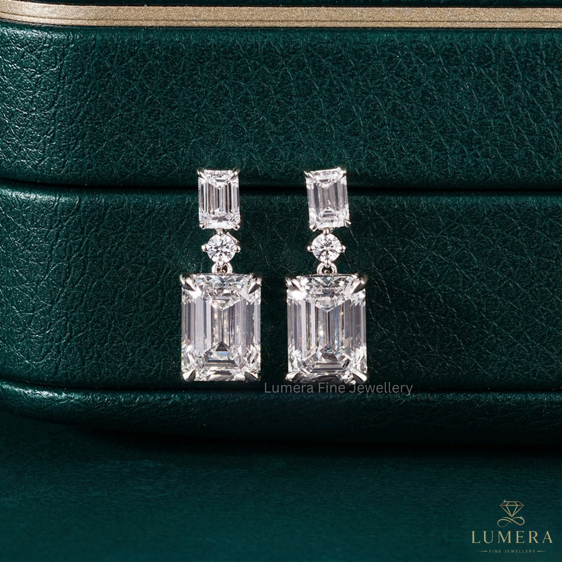 7.50 TCW Emerald and Round Cut Lab Grown Diamond Dangle Earrings