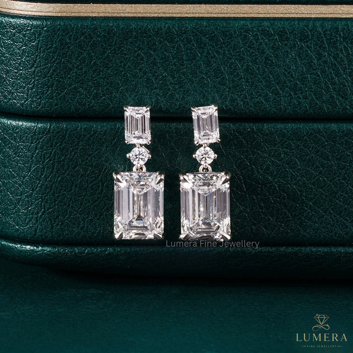7.50 TCW Emerald and Round Cut Lab Grown Diamond Dangle Earrings