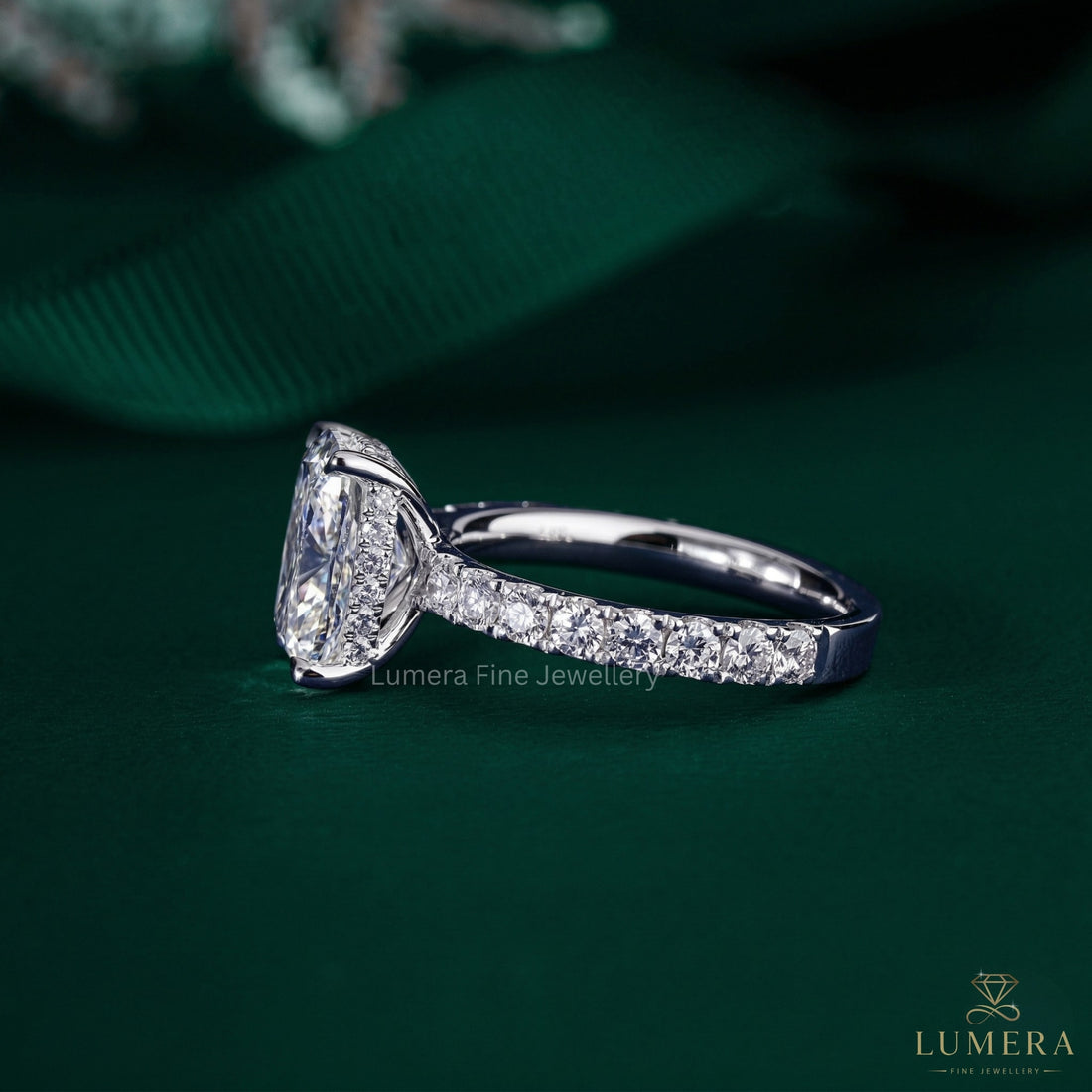 pave setting band ring with 4 claw prong setting.
