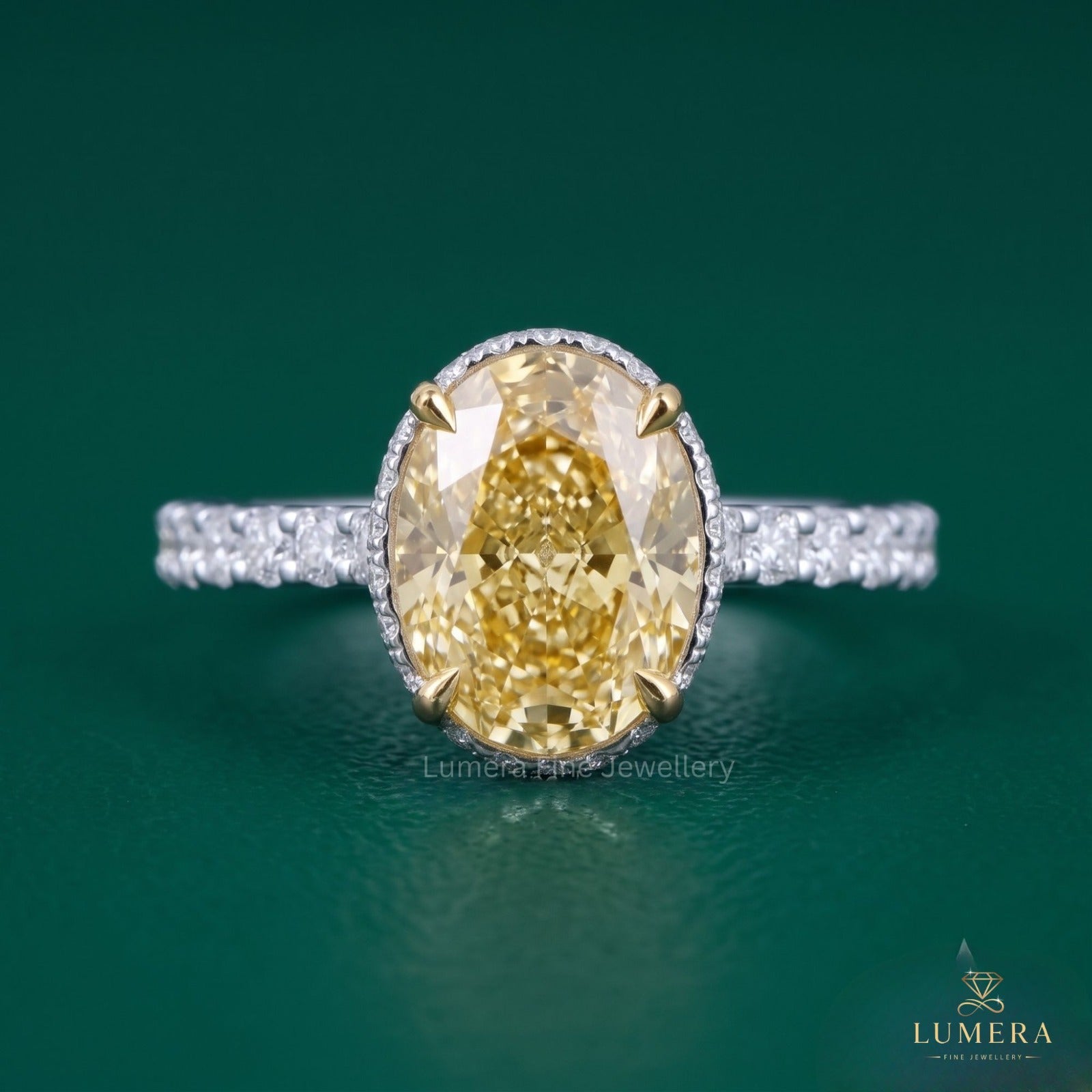 Hidden Halo Oval Yellow Diamond Engagement Ring In Pave Setting Band
